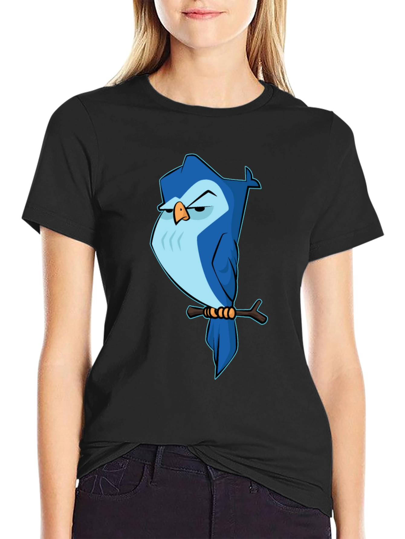 Camiseta Negra con Búho Azul de Dibujos Animados