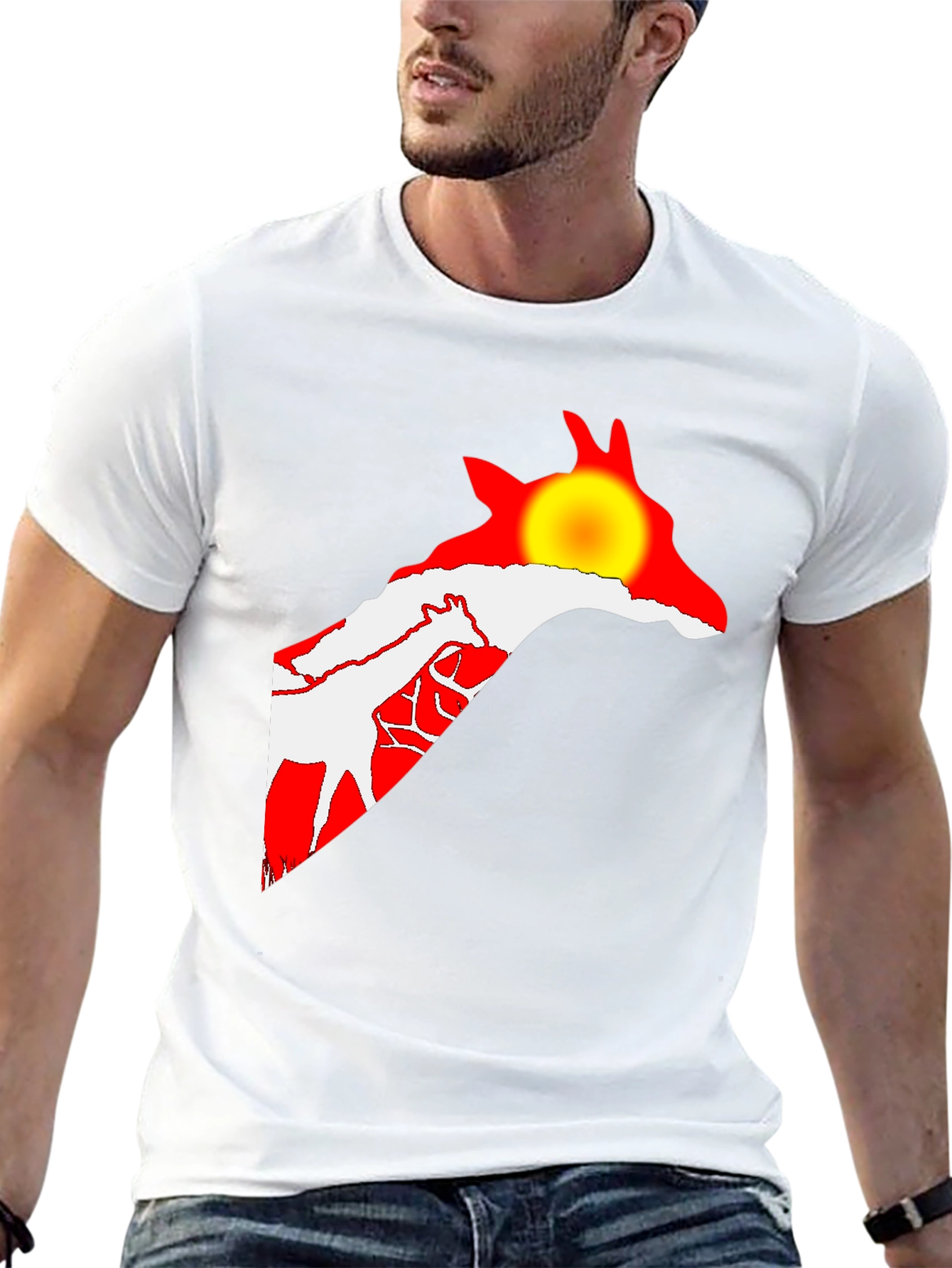 Camiseta Negra con Diseño de Jirafa y Sol Abstracto