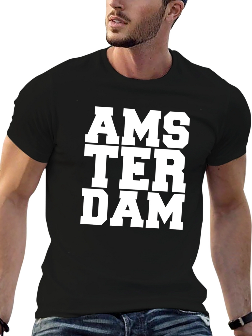 Camiseta Negra Amsterdam Letras Blancas Casual