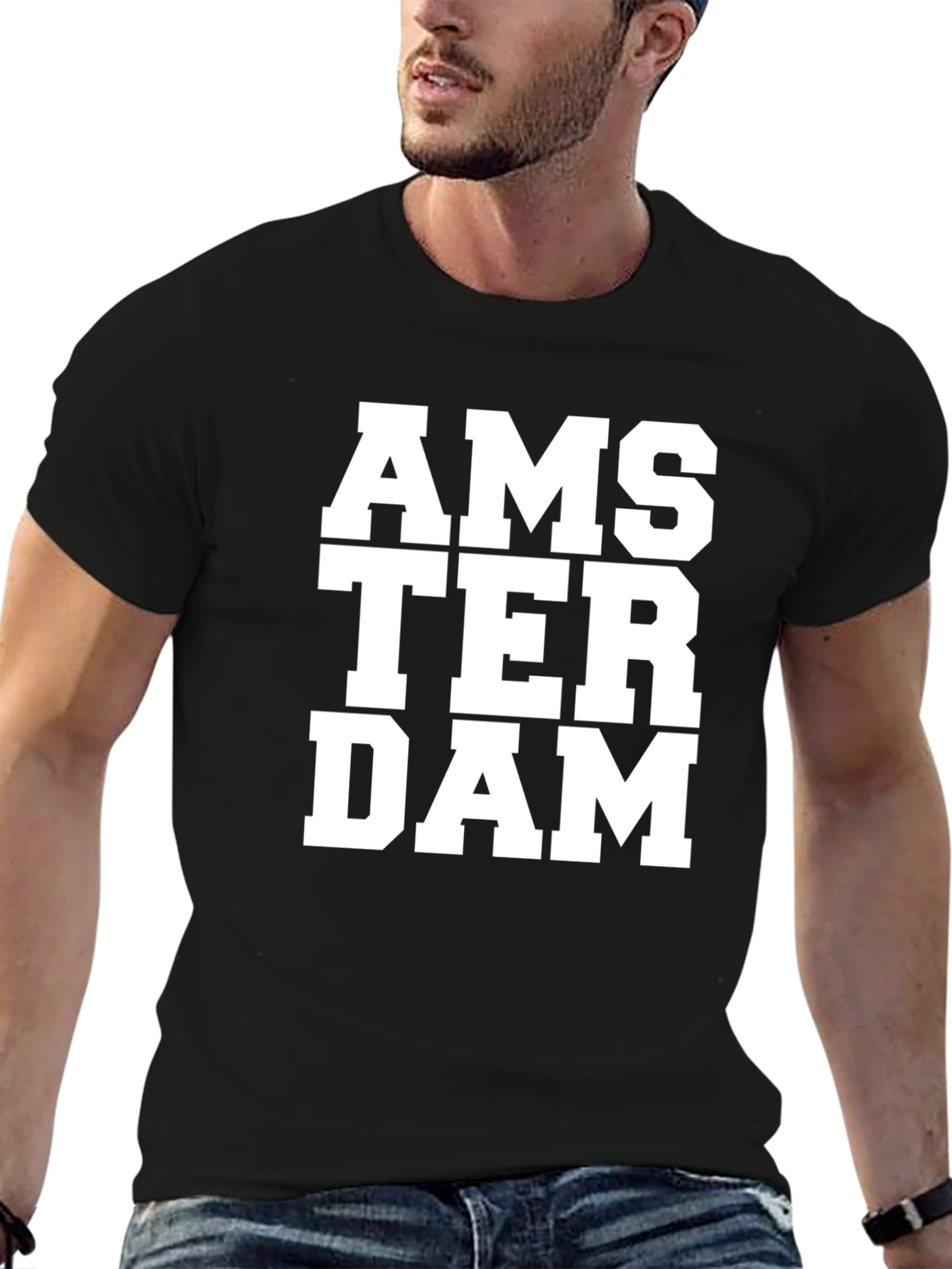 Camiseta Negra Amsterdam Letras Blancas Casual