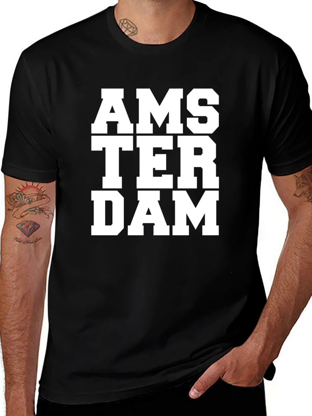 Camiseta Negra Amsterdam Letras Blancas Casual