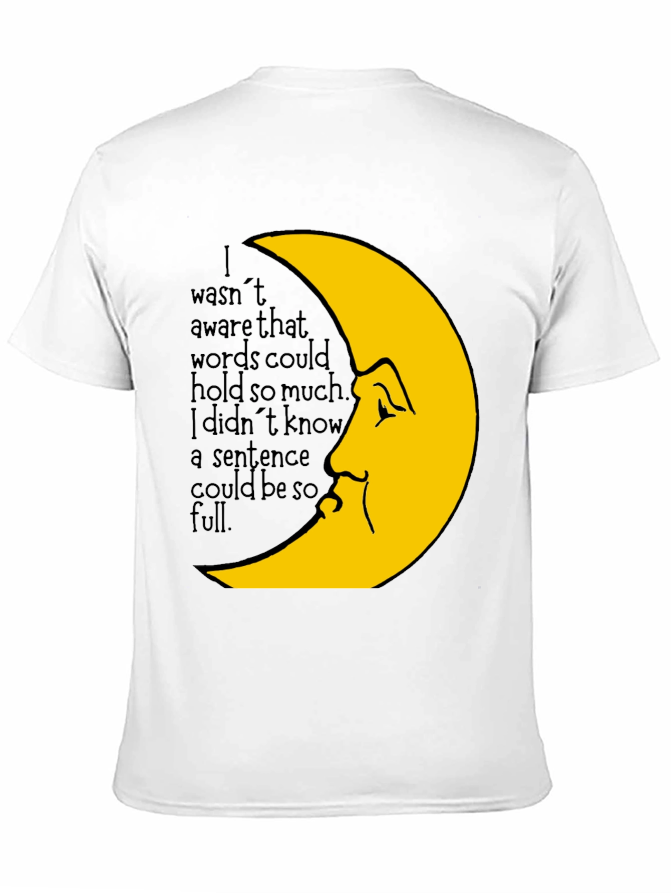 Camiseta Negra con Diseño de Luna Llena de Palabras