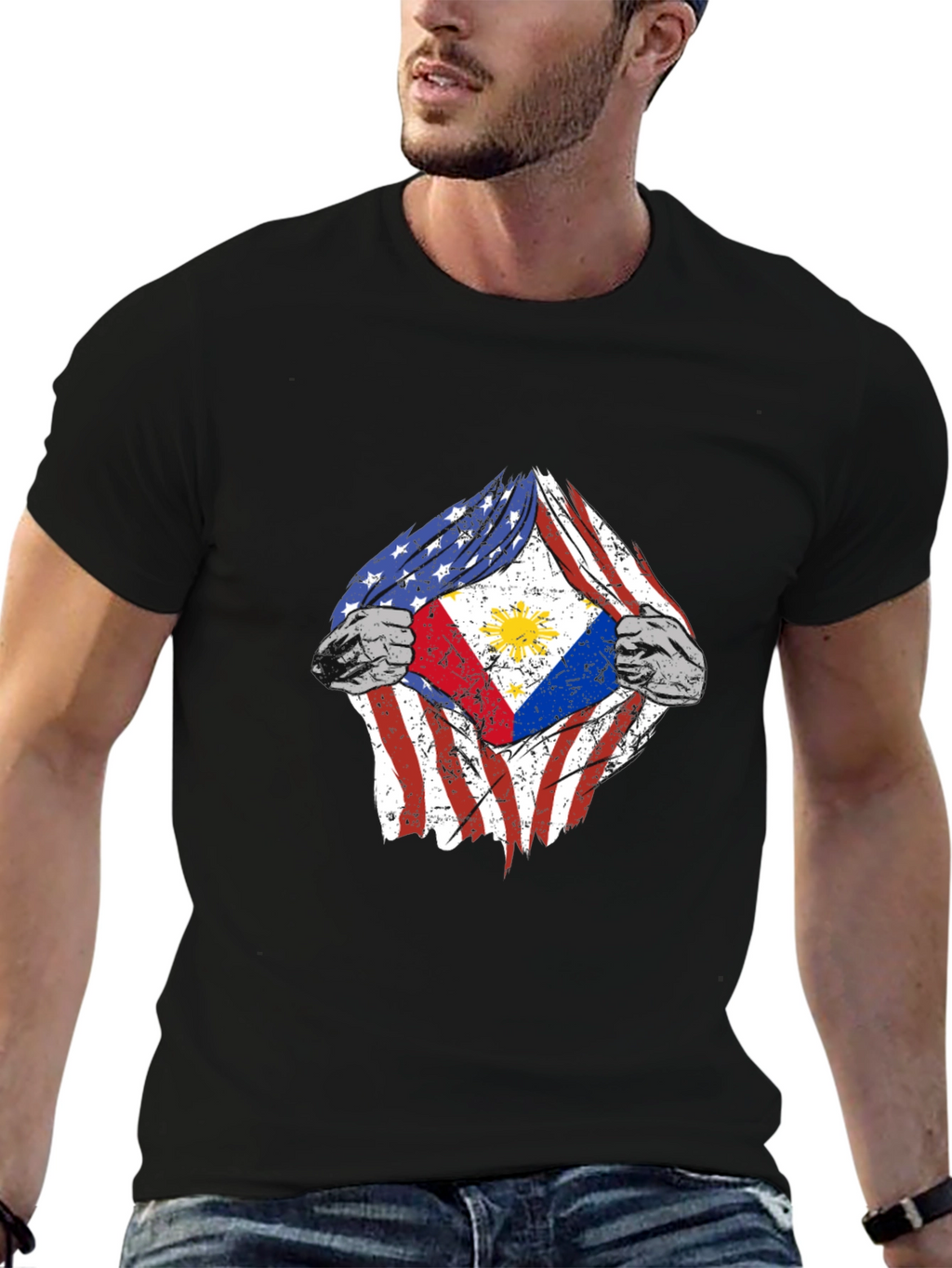 Camiseta Hombre Diseño Bandera USA Filipinas