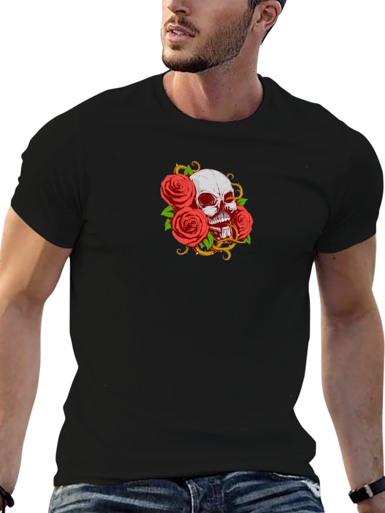 Camiseta Negra Calavera y Rosas