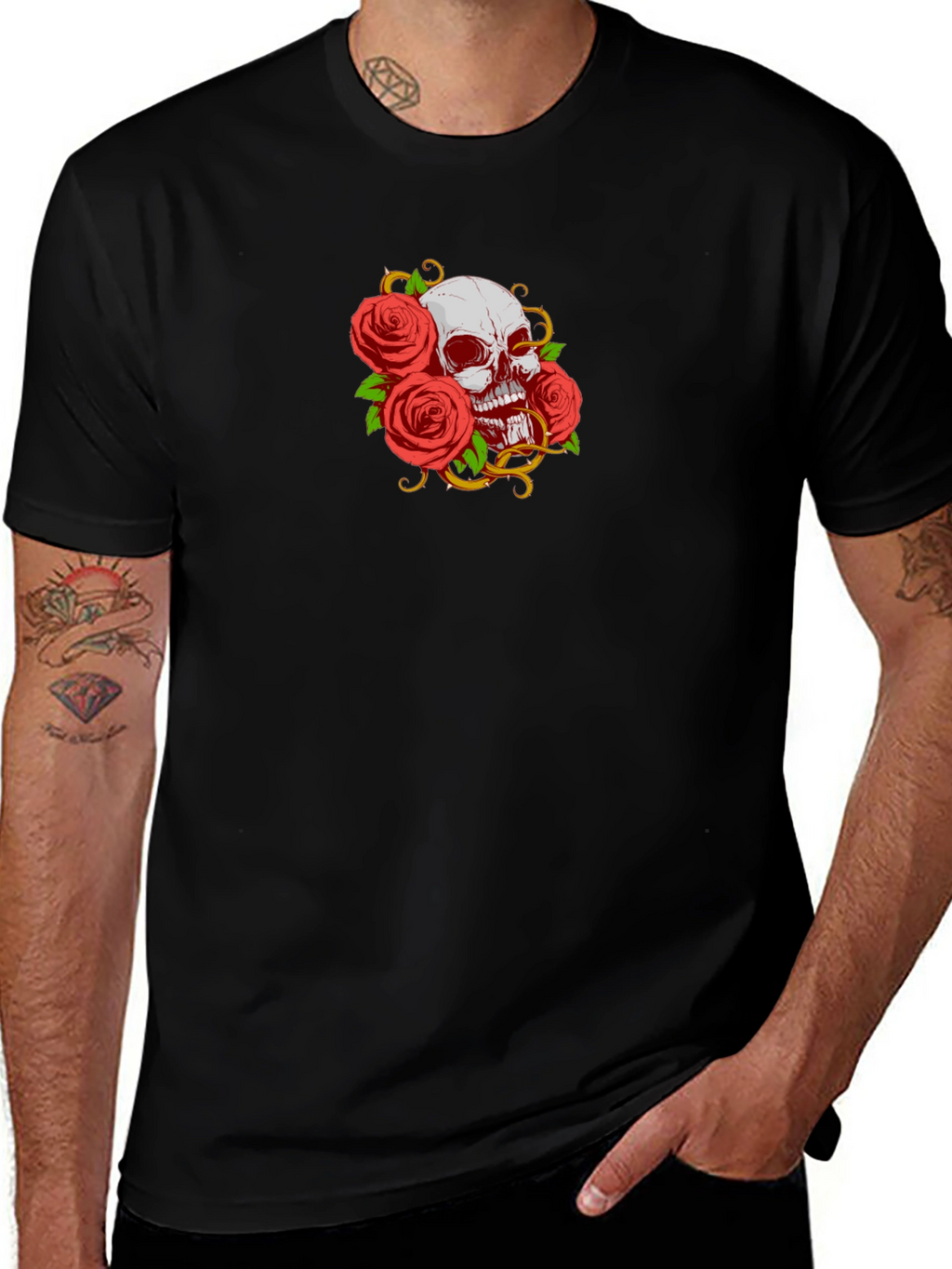 Camiseta Negra Calavera y Rosas