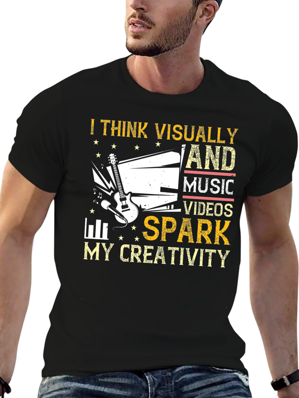 Camiseta Negra con Diseño Creativo de Música