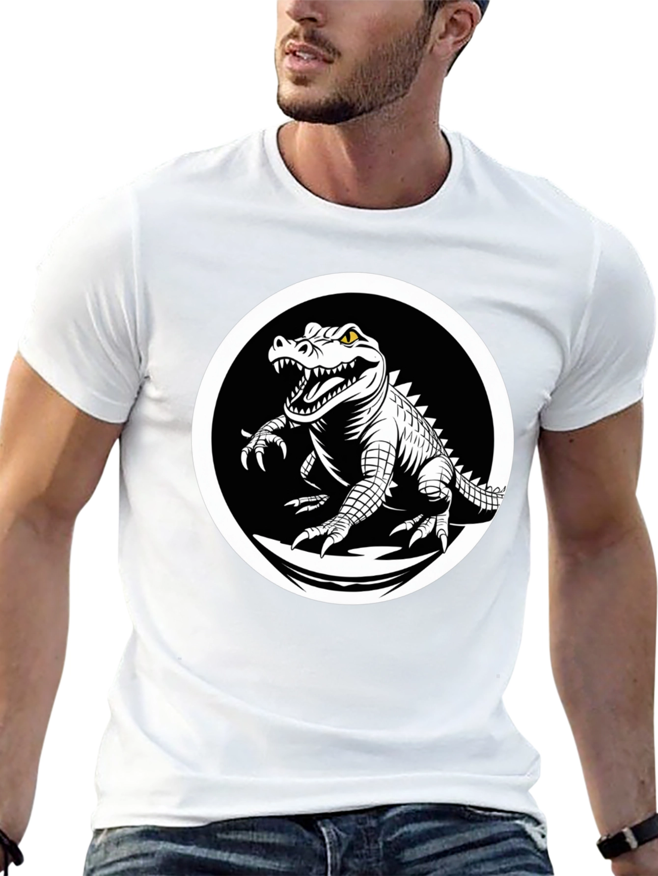 Camiseta Negra con Diseño de Cocodrilo en Círculo