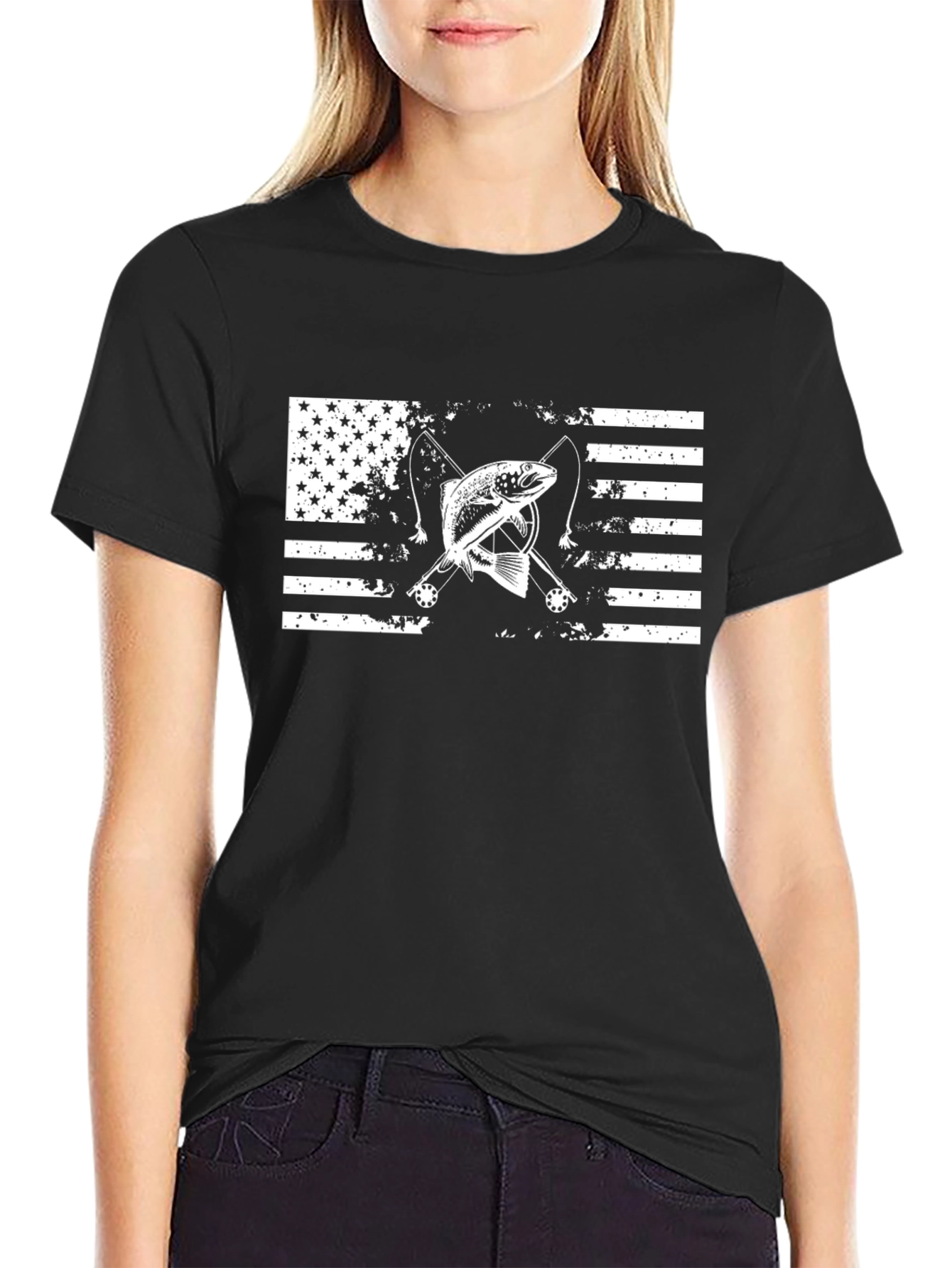 Camiseta Negra con Diseño de Bandera y Pesca