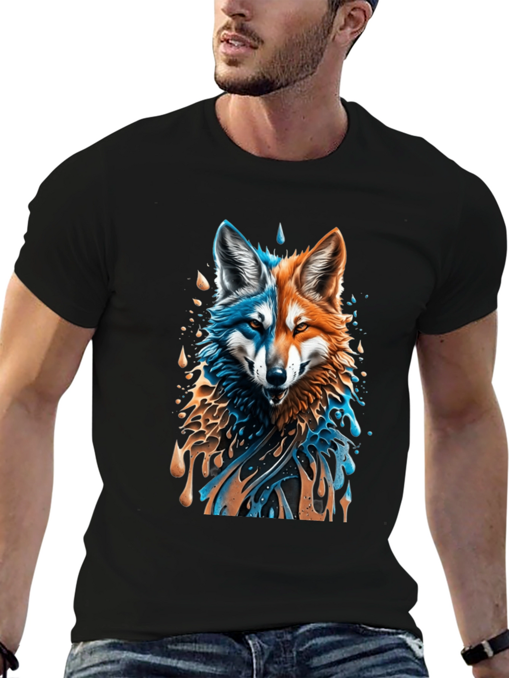 Camiseta Negra con Diseño de Lobo Dual