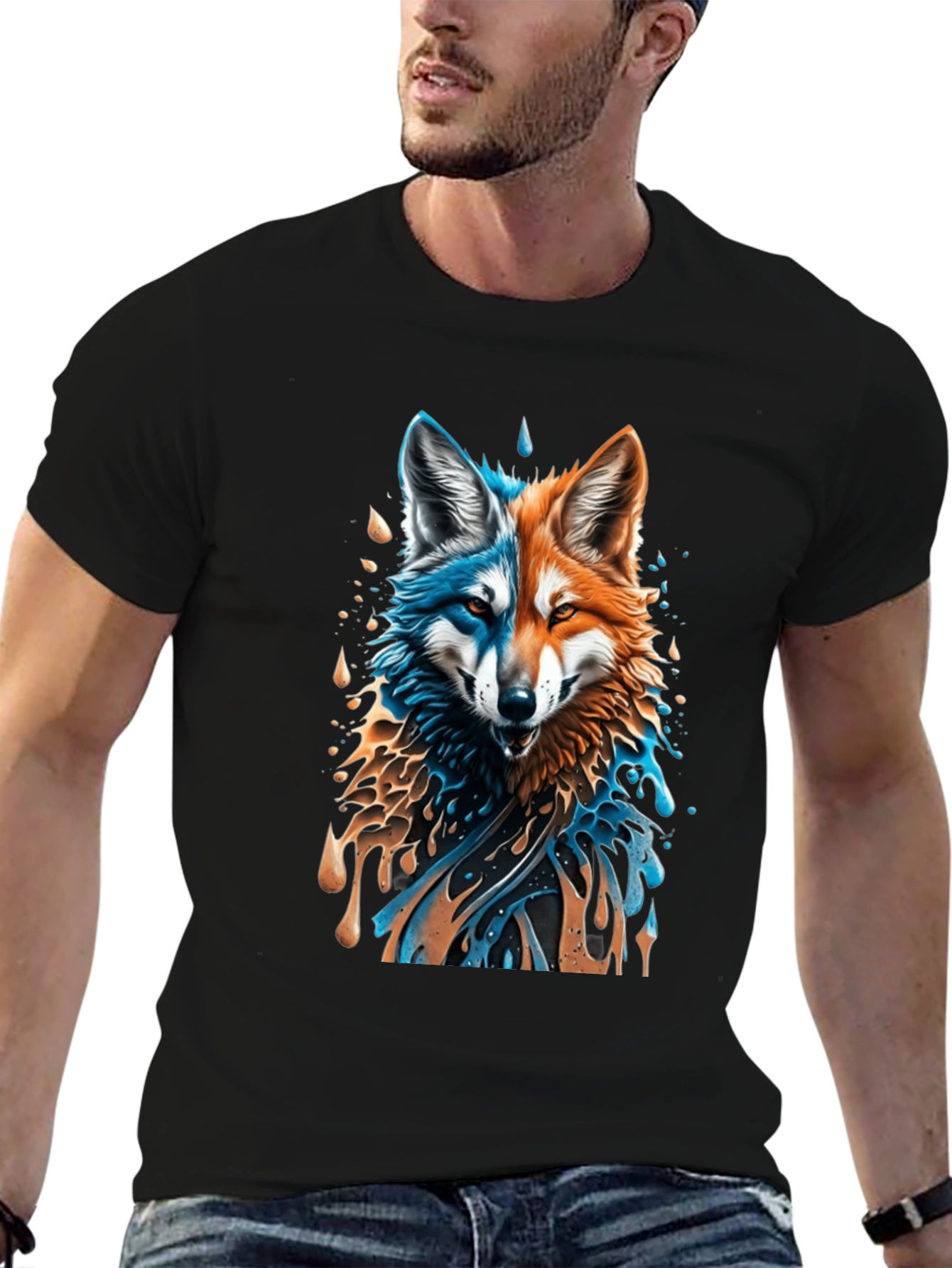 Camiseta Negra con Diseño de Lobo Dual