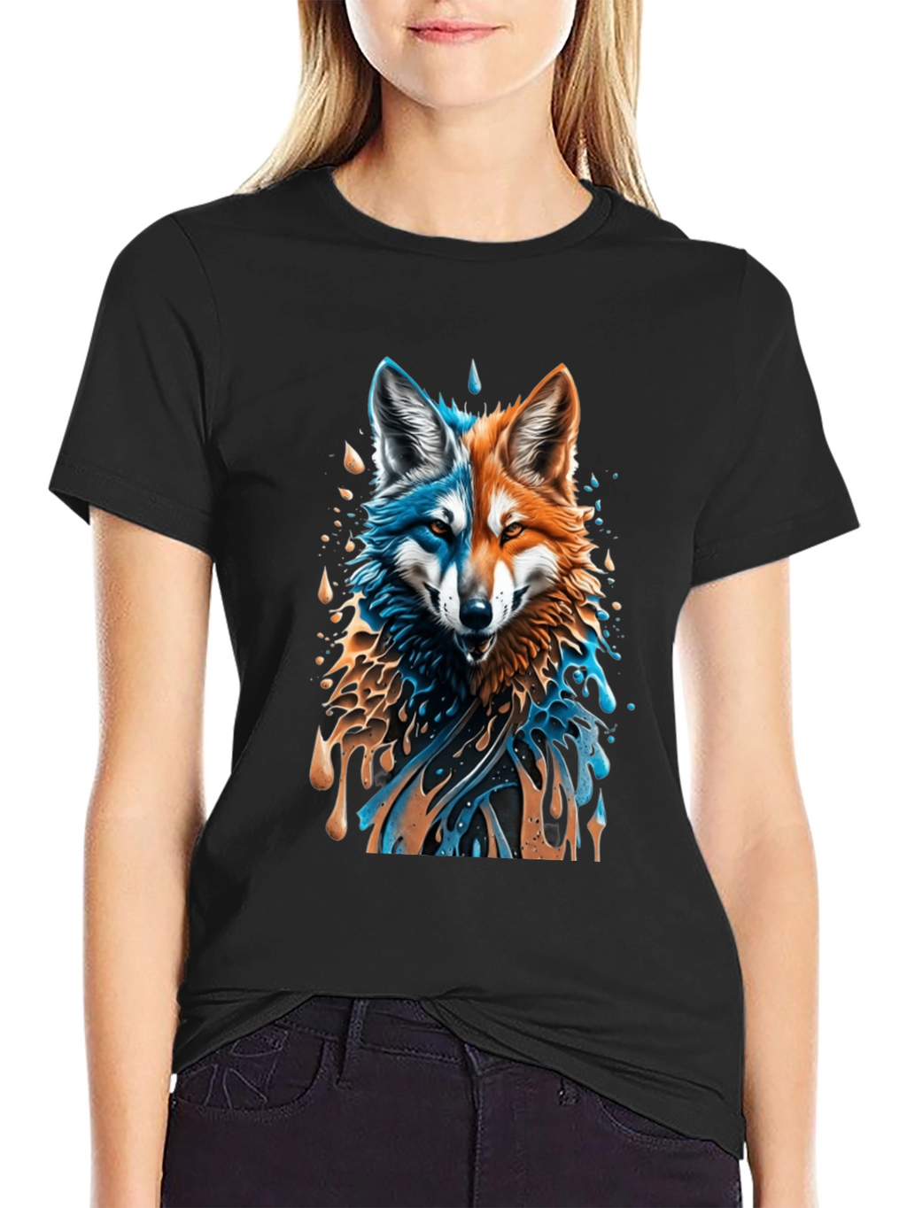 Camiseta Negra con Diseño de Lobo Dual