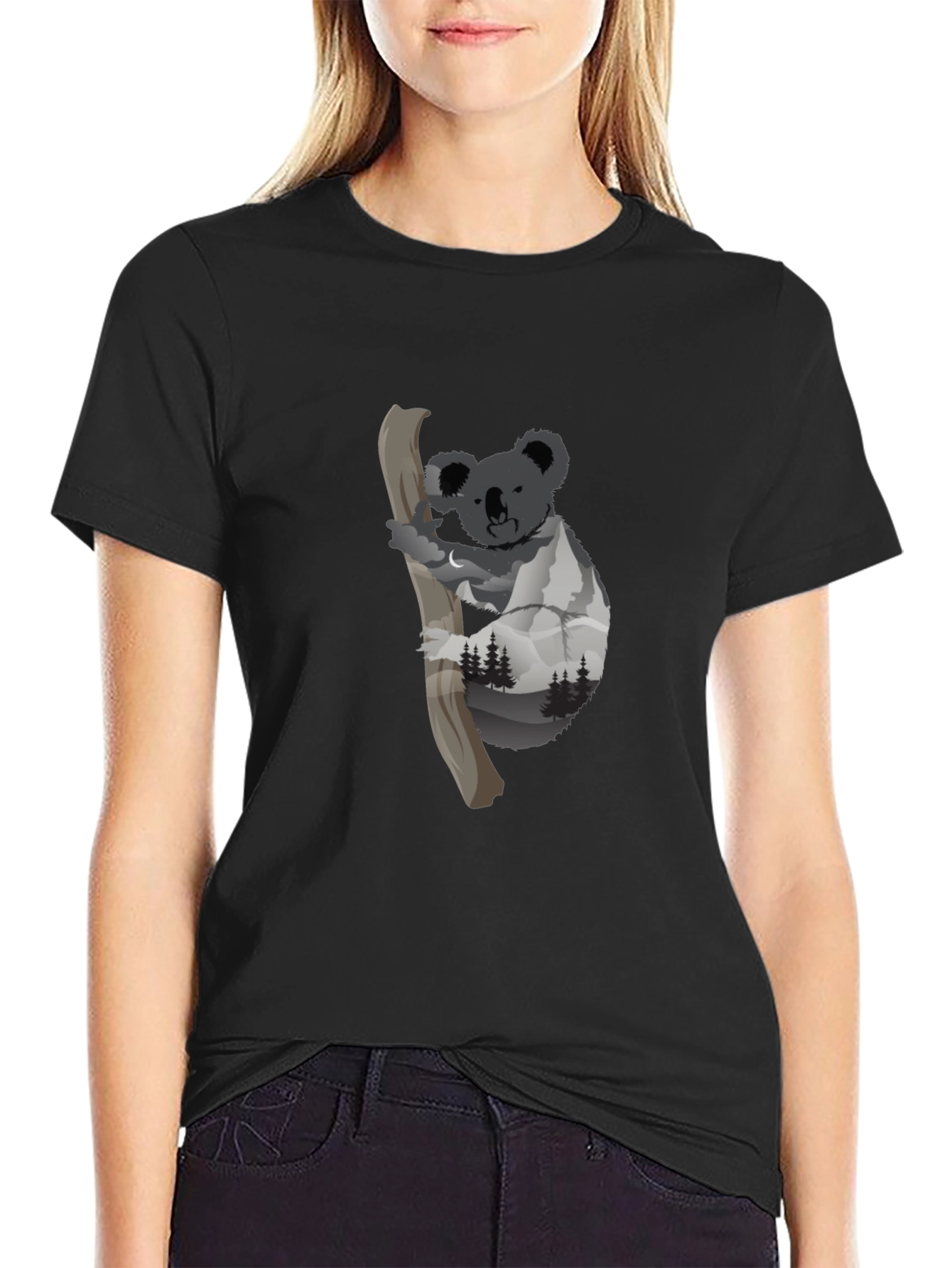 Camiseta Negra con Diseño de Koala y Montañas