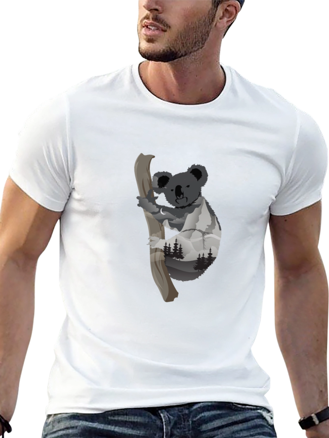 Camiseta Negra con Diseño de Koala y Montañas
