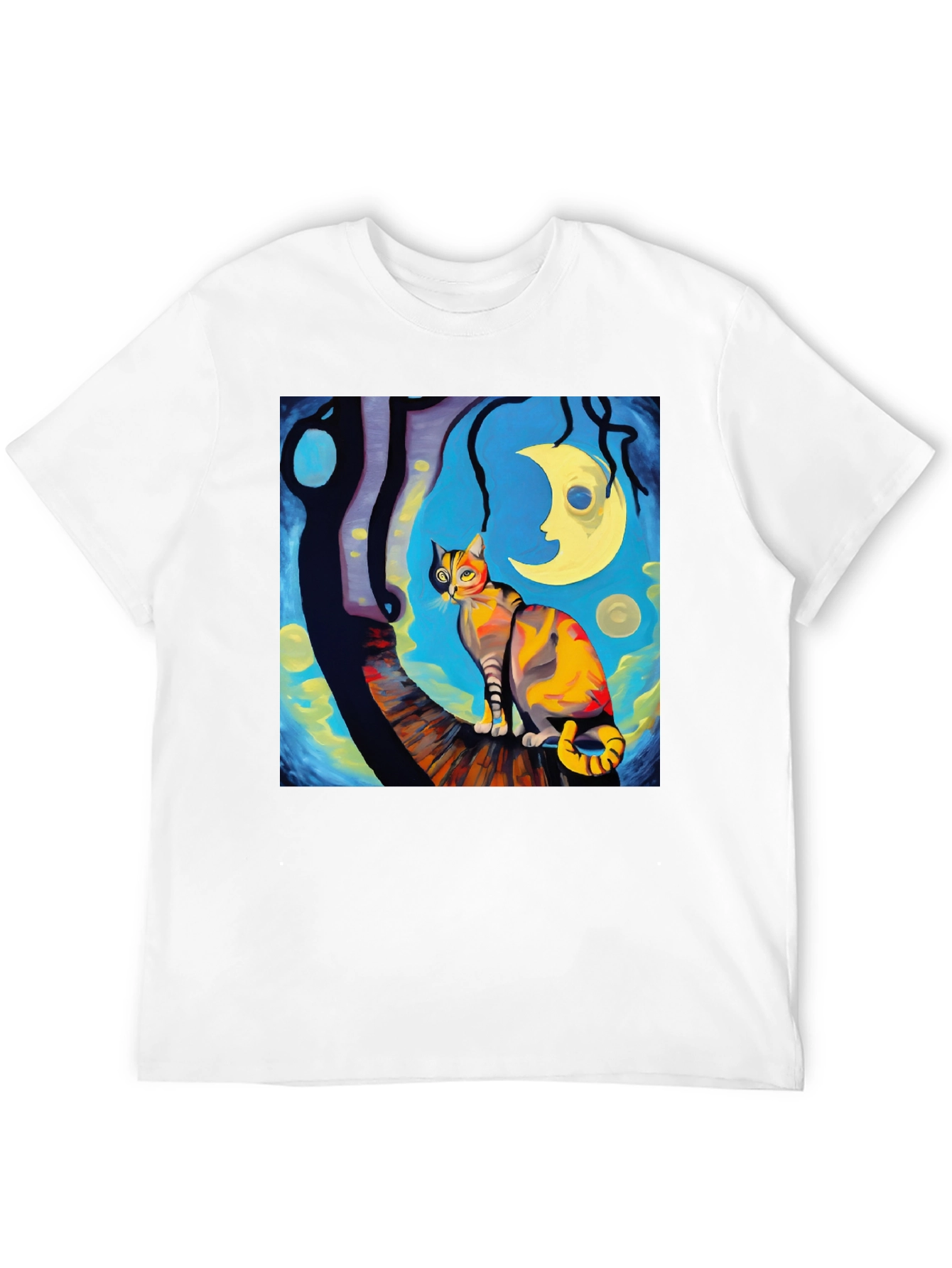 Camiseta Negra con Diseño de Gato Noche Estrellada