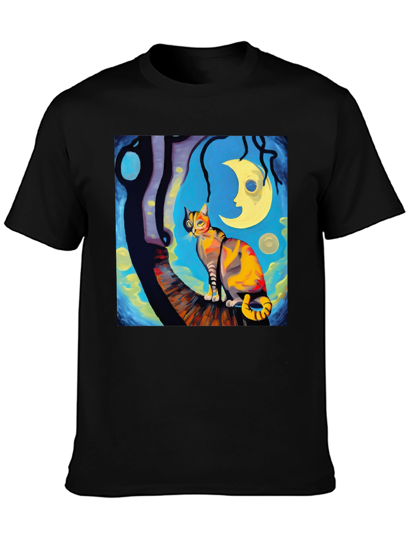Camiseta Negra con Diseño de Gato Noche Estrellada