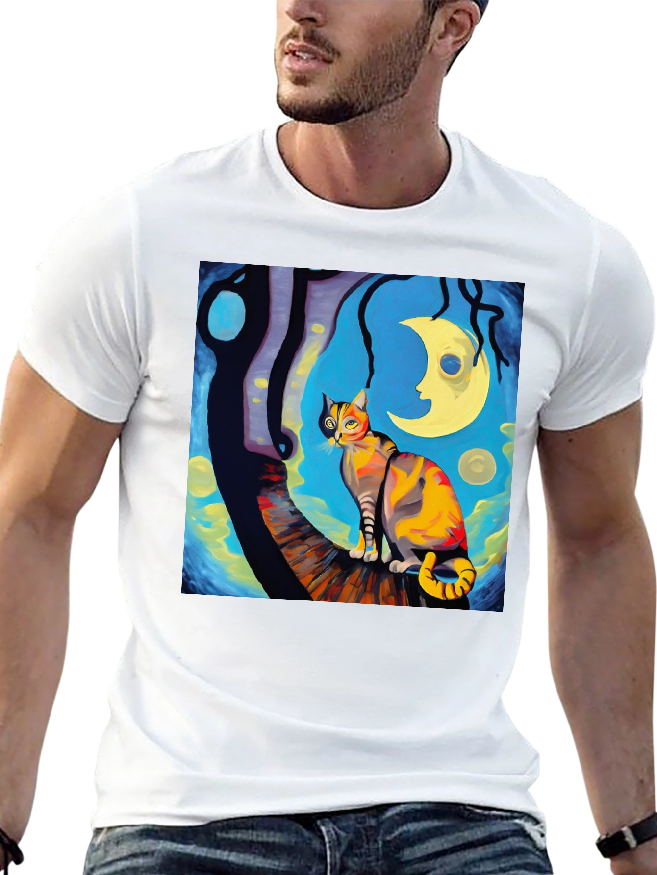 Camiseta Negra con Diseño de Gato Noche Estrellada
