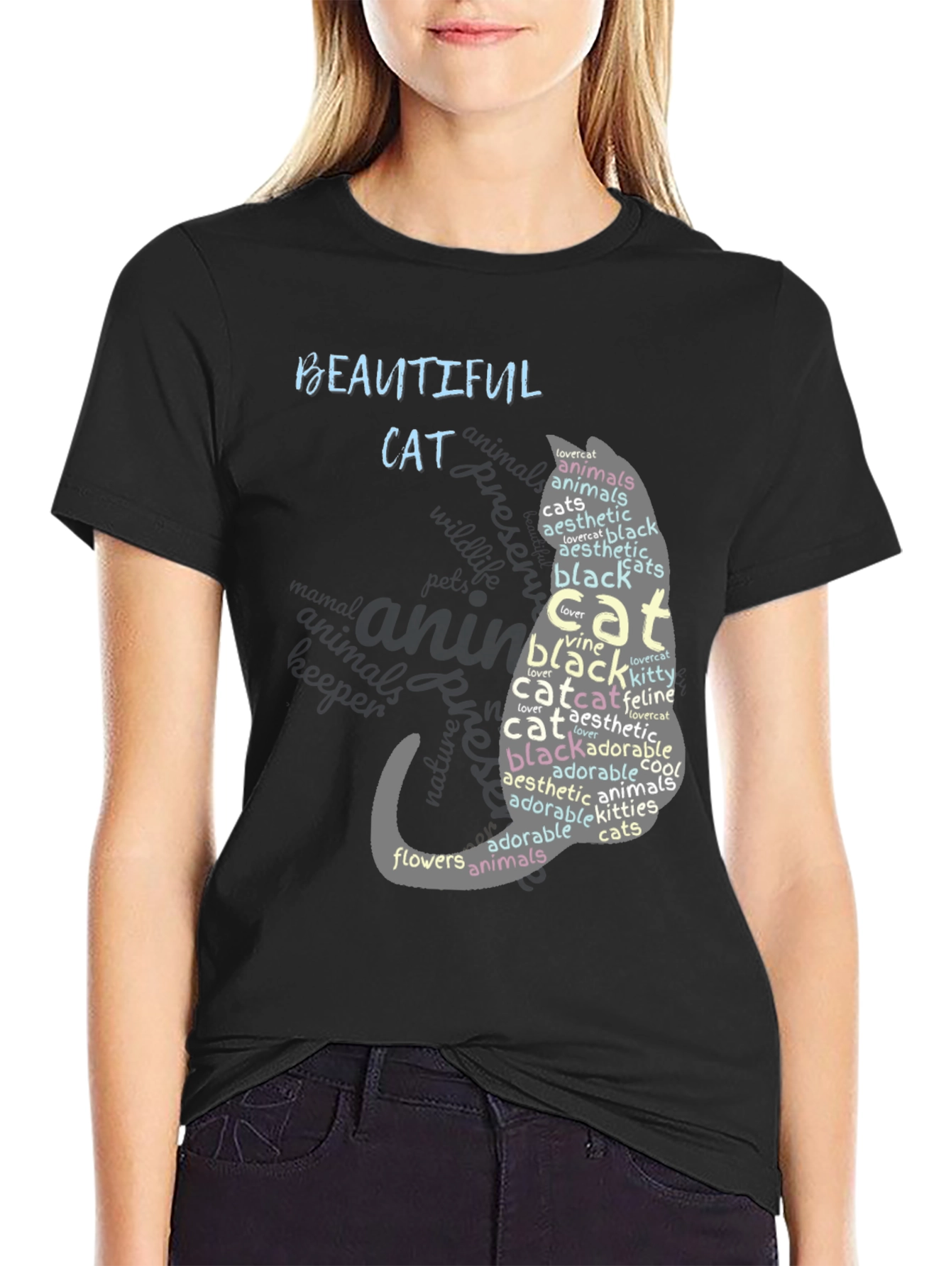 Camiseta Negra con Diseño de Gato y Palabras