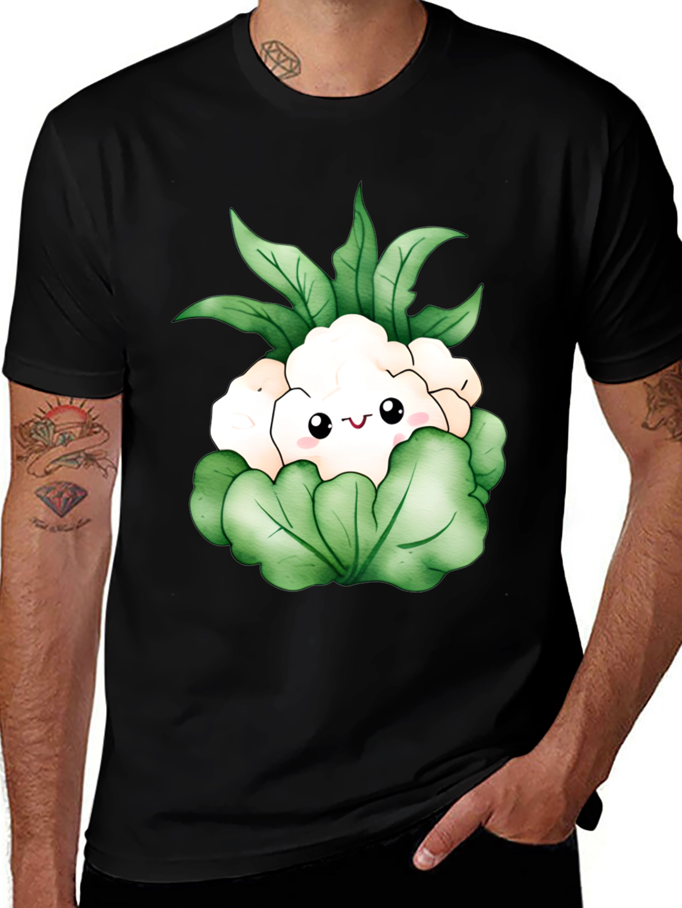 Camiseta Negra con Diseño de Coliflor Kawaii