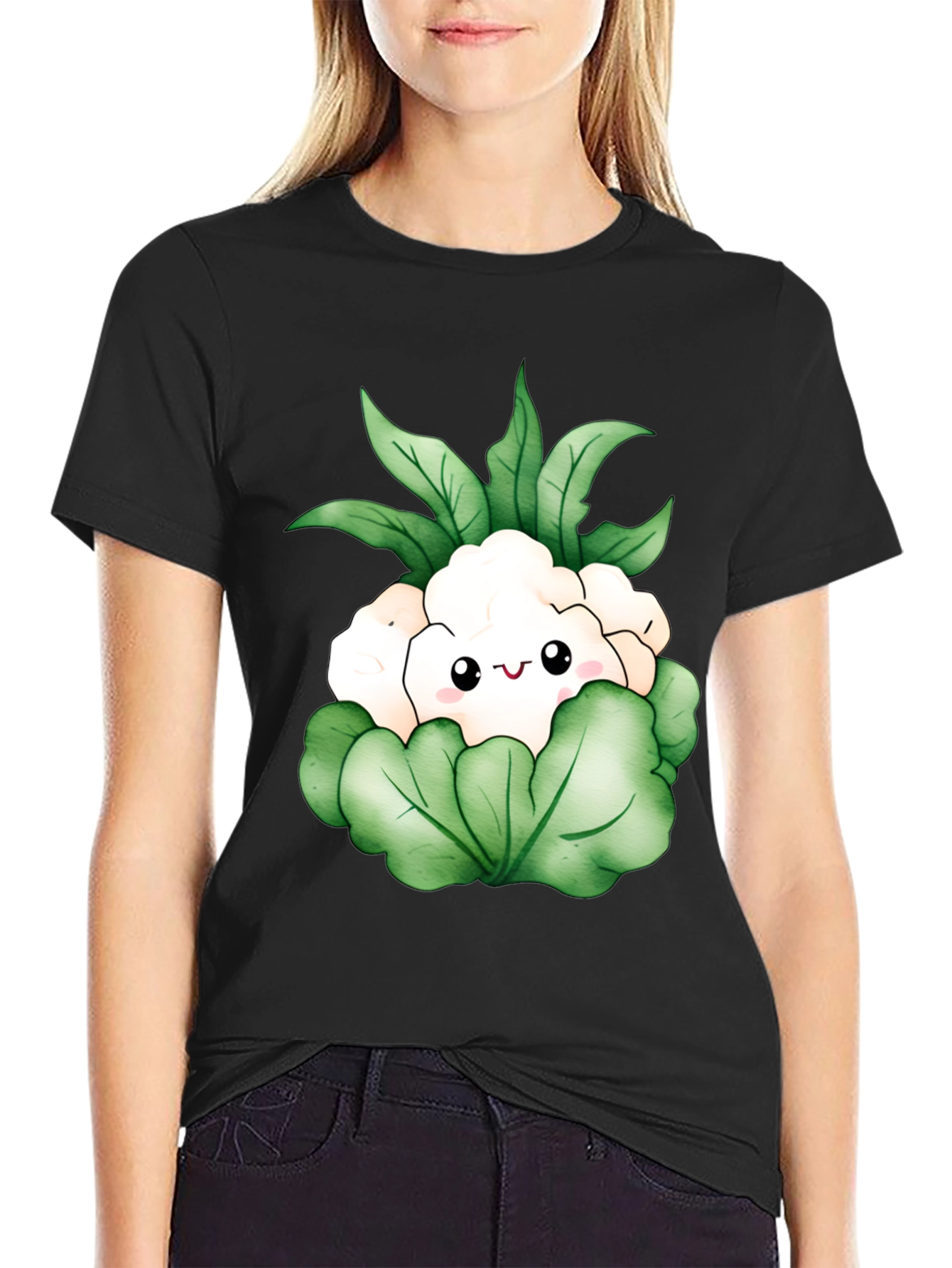 Camiseta Negra con Diseño de Coliflor Kawaii