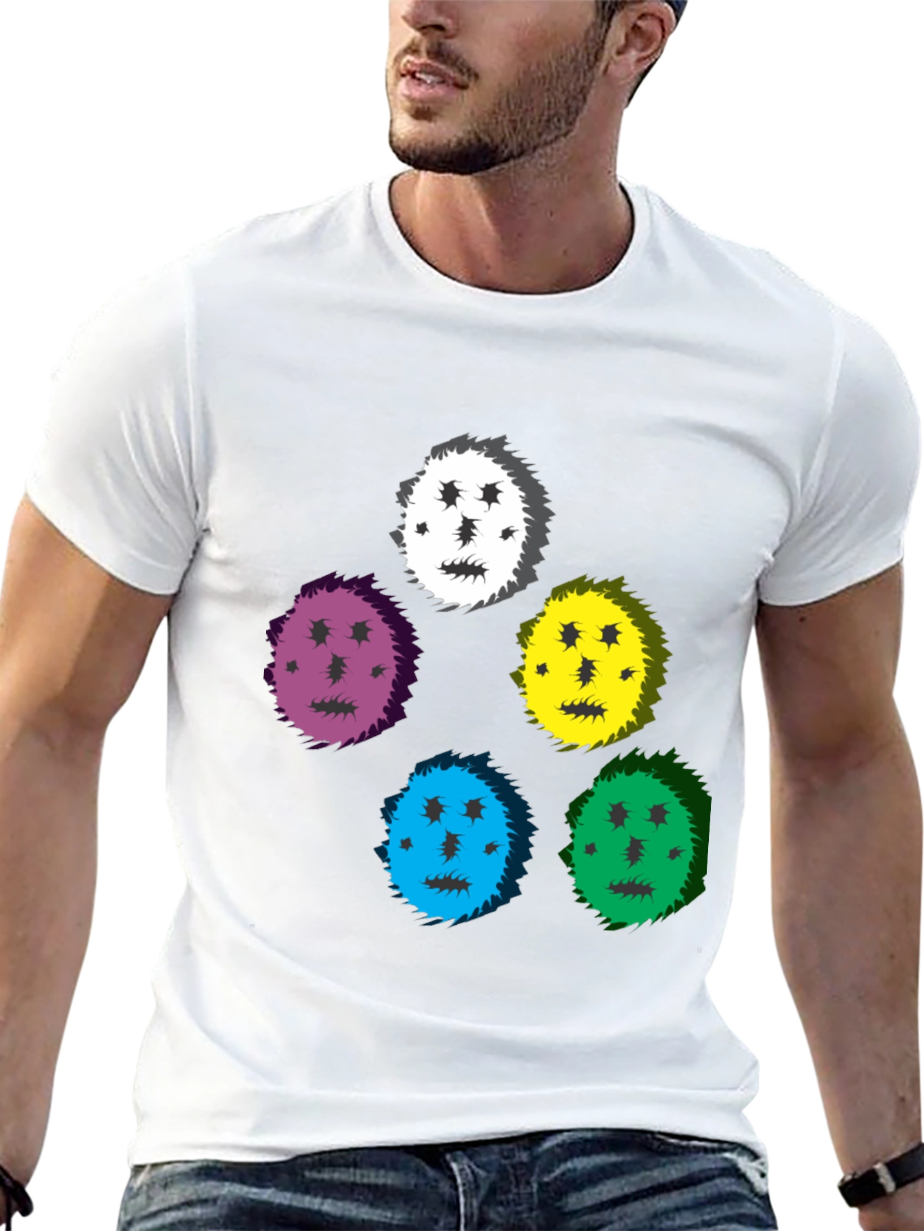 Camiseta Negra con Diseño de Caras Coloridas