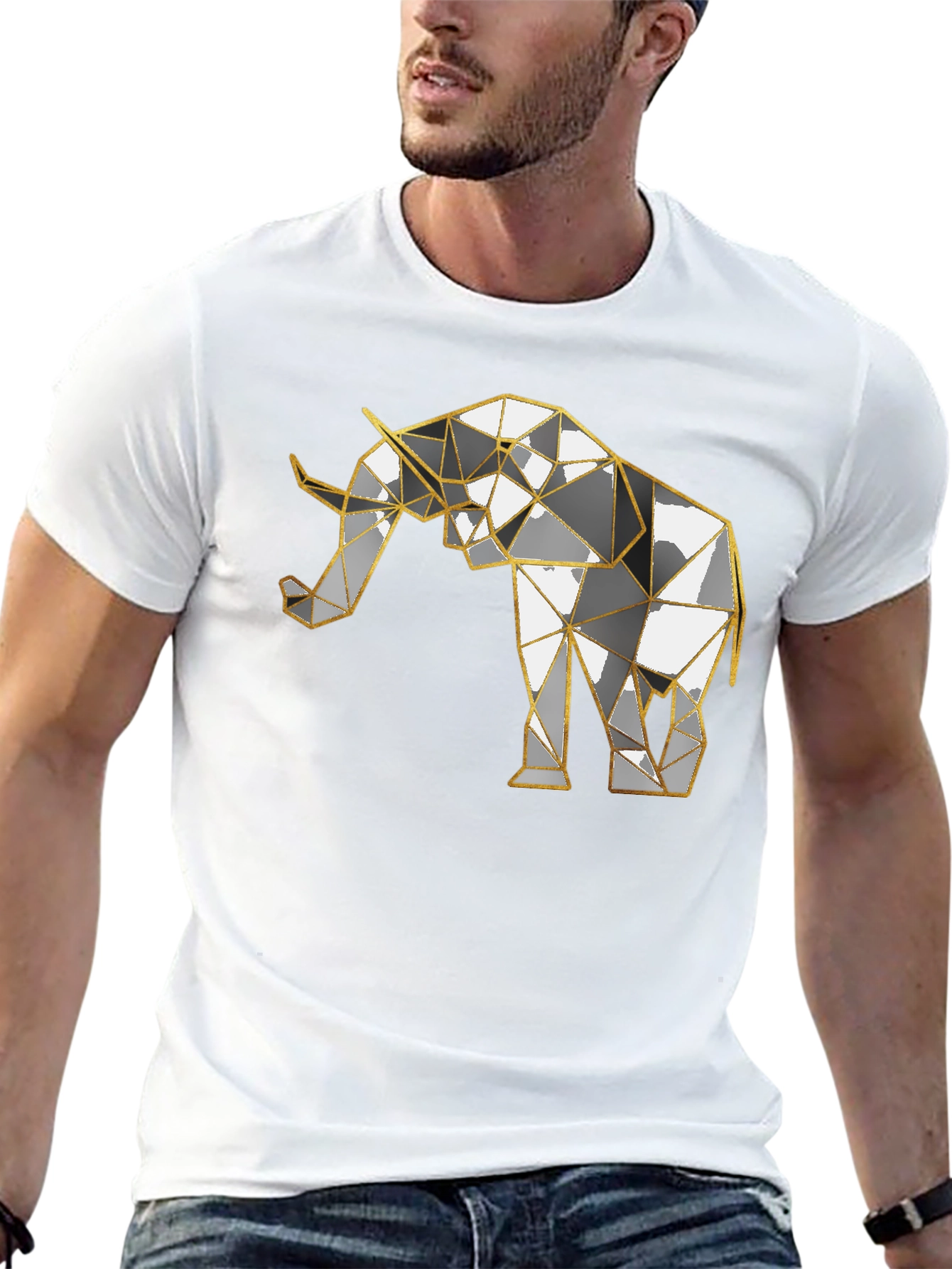 Camiseta Negra con Diseño de Elefante Geométrico Dorado