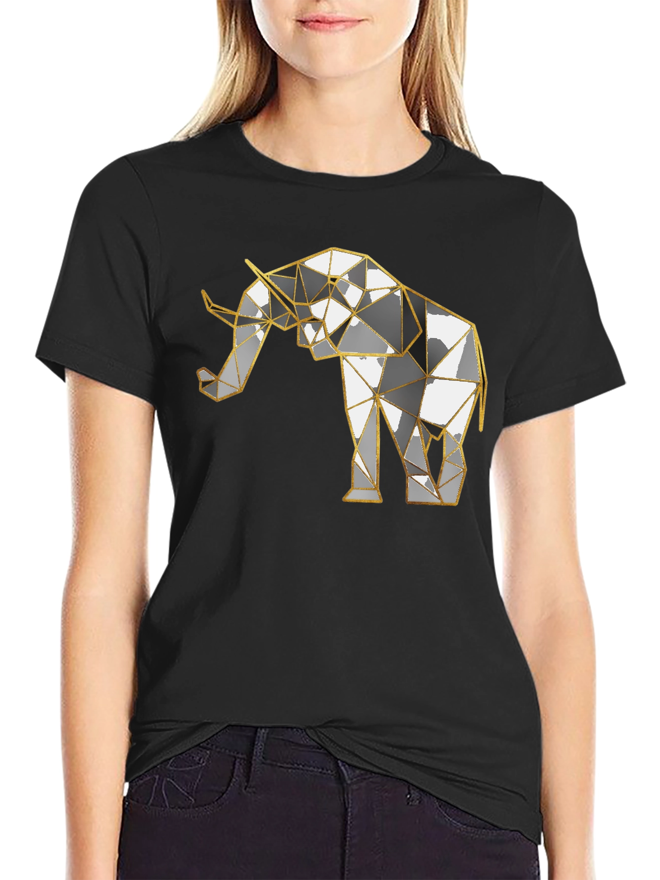 Camiseta Negra con Diseño de Elefante Geométrico Dorado