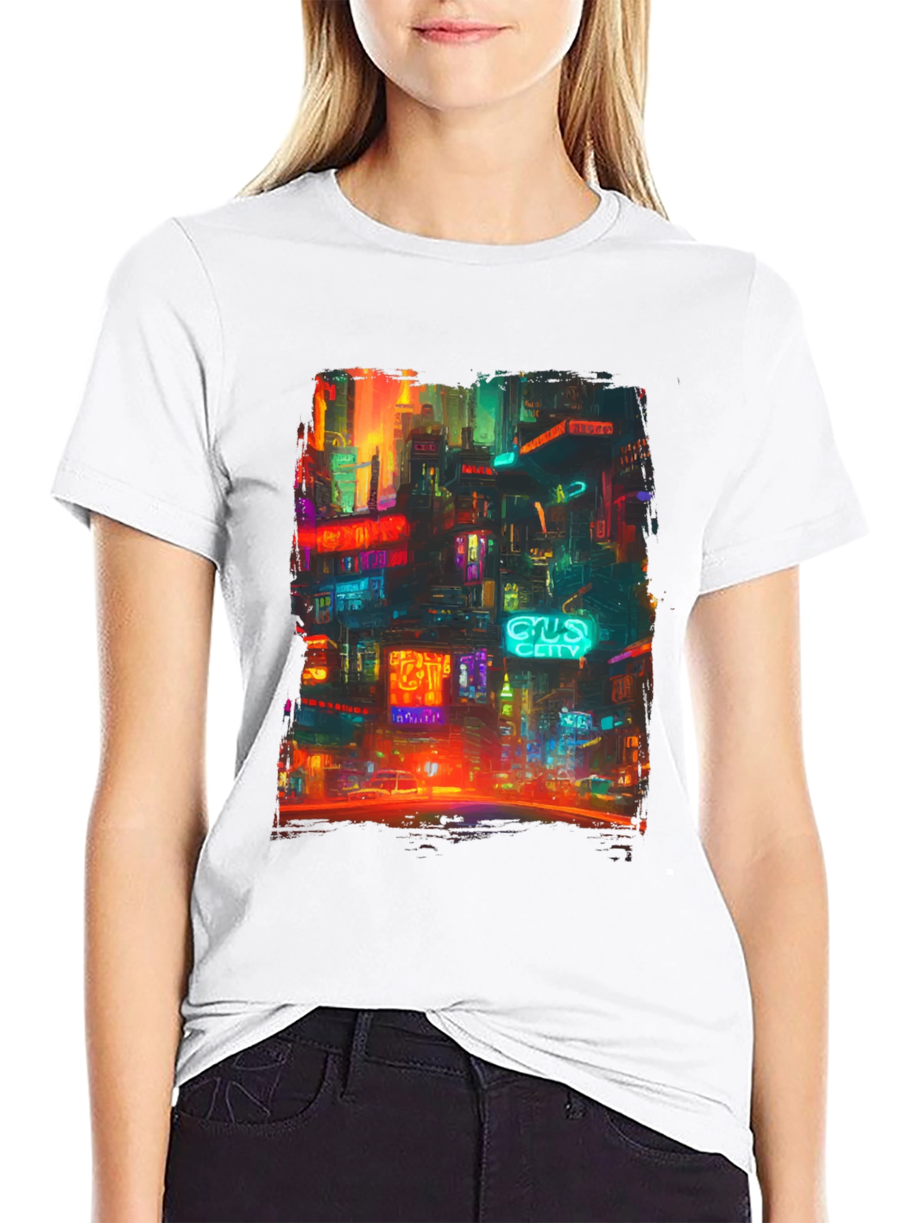 Camiseta Hombre Negra con Diseño Ciudad Neón