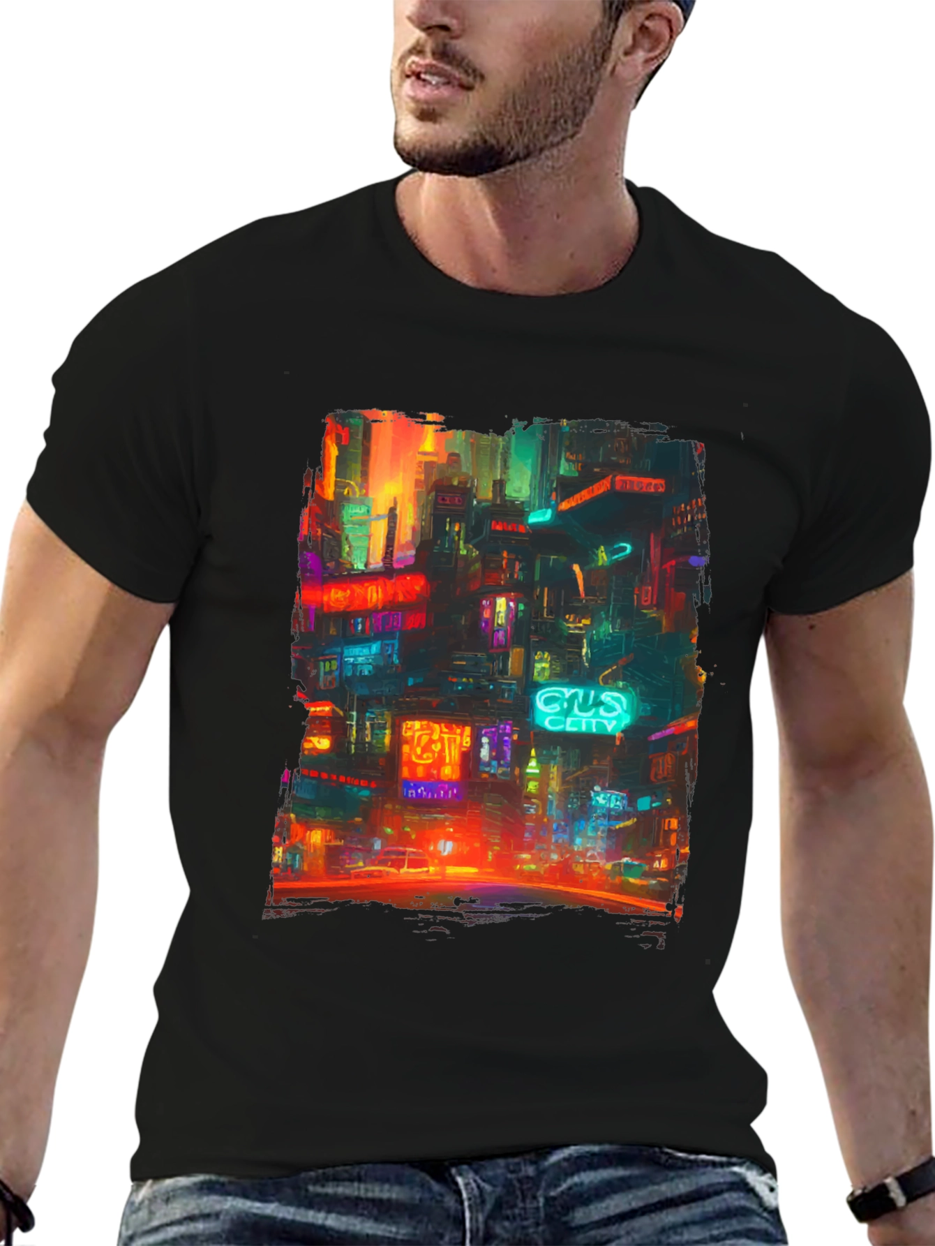 Camiseta Hombre Negra con Diseño Ciudad Neón