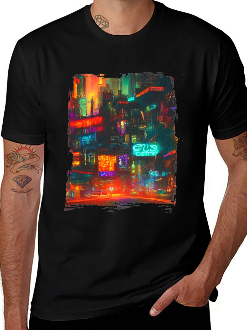 Camiseta Hombre Negra con Diseño Ciudad Neón