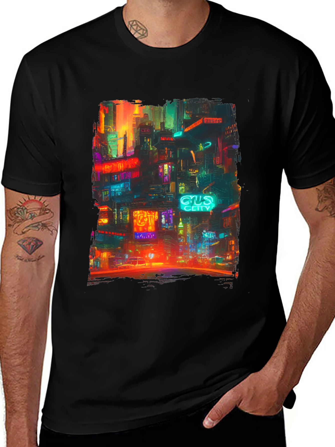 Camiseta Hombre Negra con Diseño Ciudad Neón