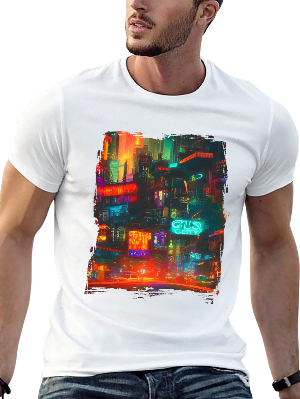 Camiseta Hombre Negra con Diseño Ciudad Neón