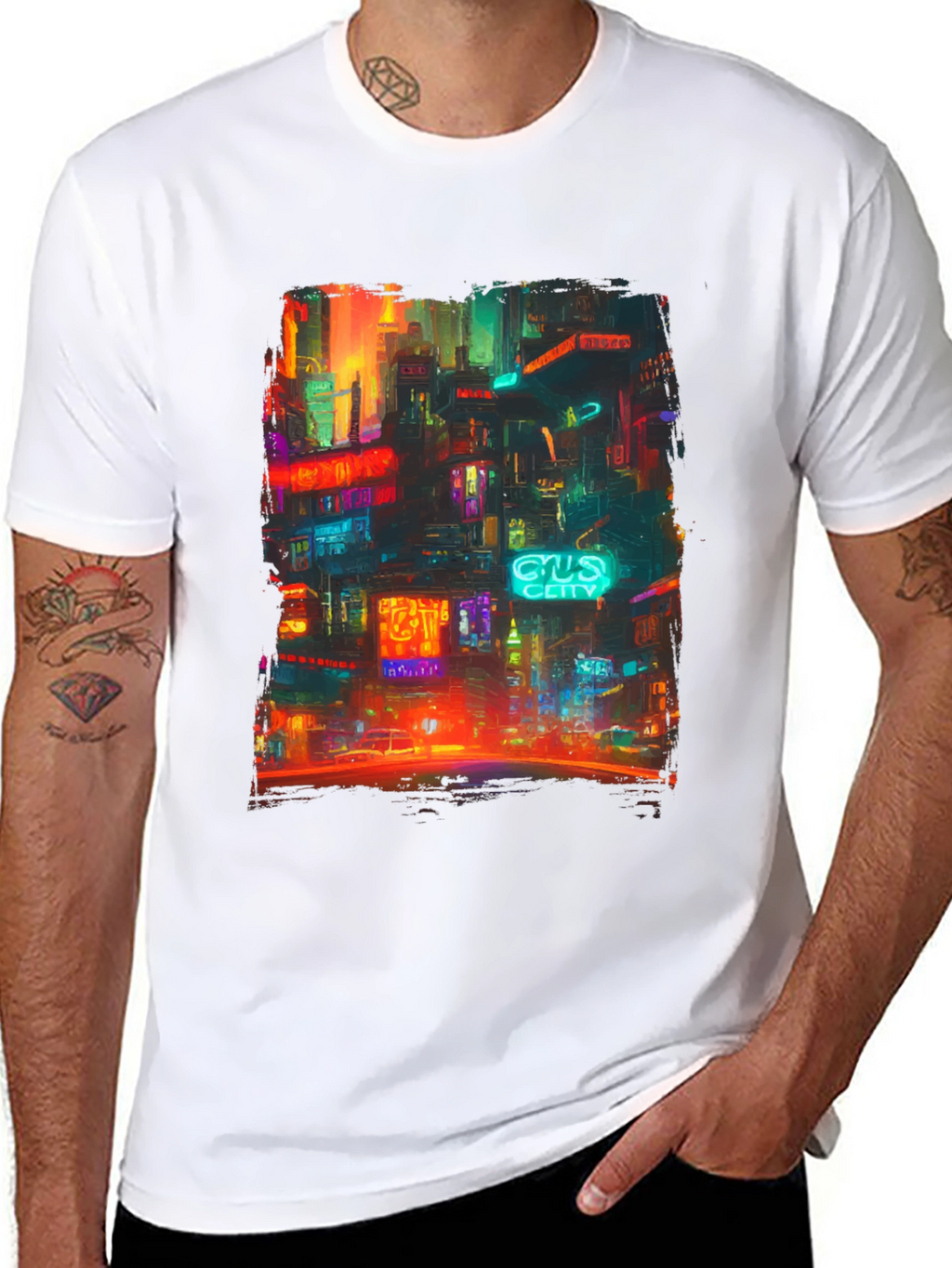 Camiseta Hombre Negra con Diseño Ciudad Neón
