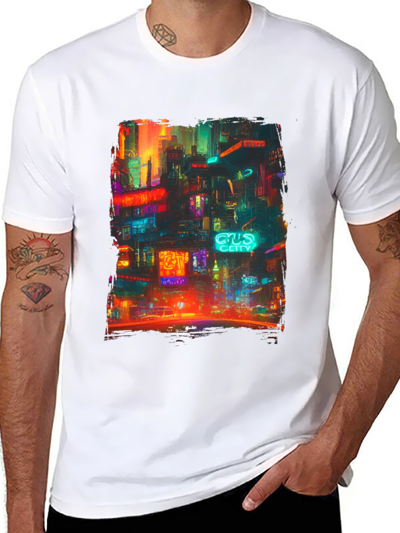 Camiseta Hombre Negra con Diseño Ciudad Neón