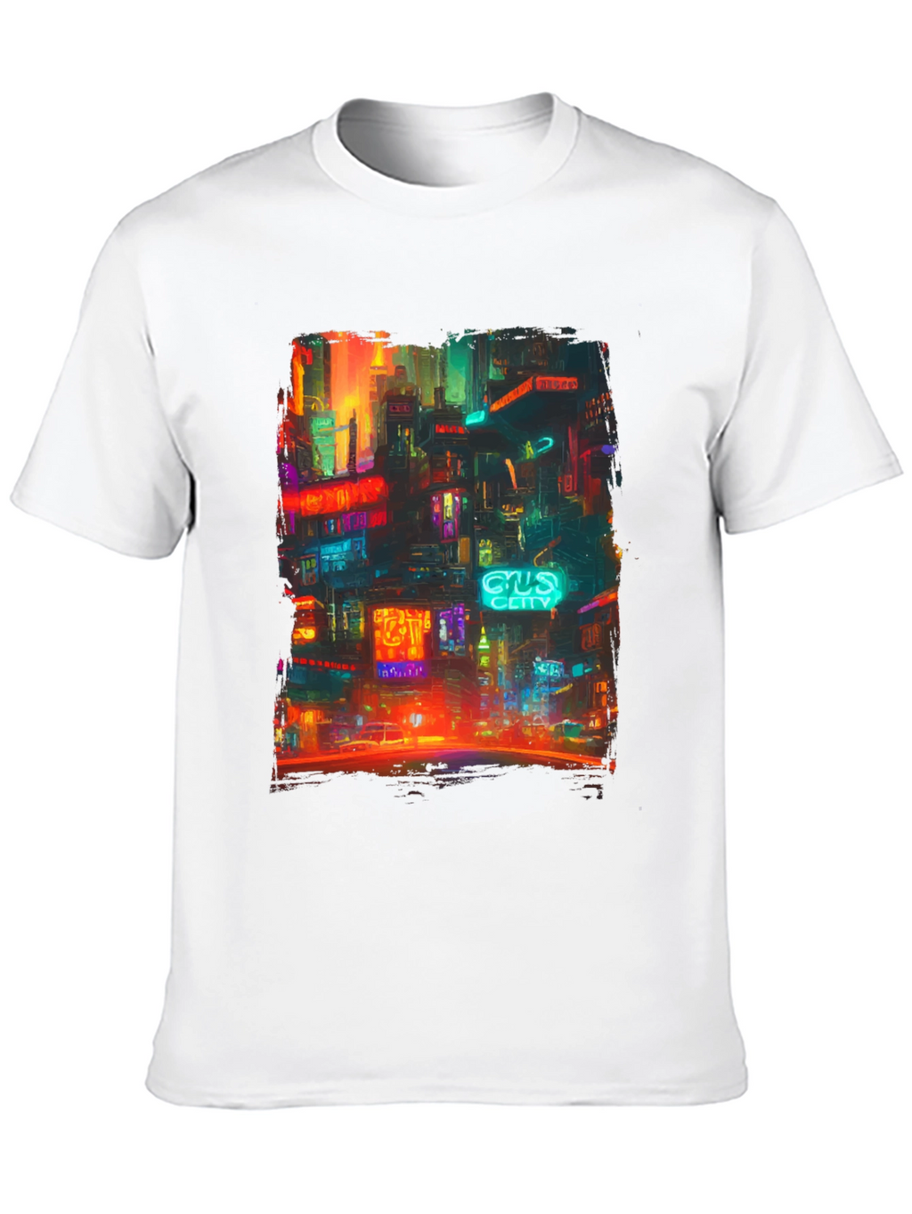 Camiseta Hombre Negra con Diseño Ciudad Neón