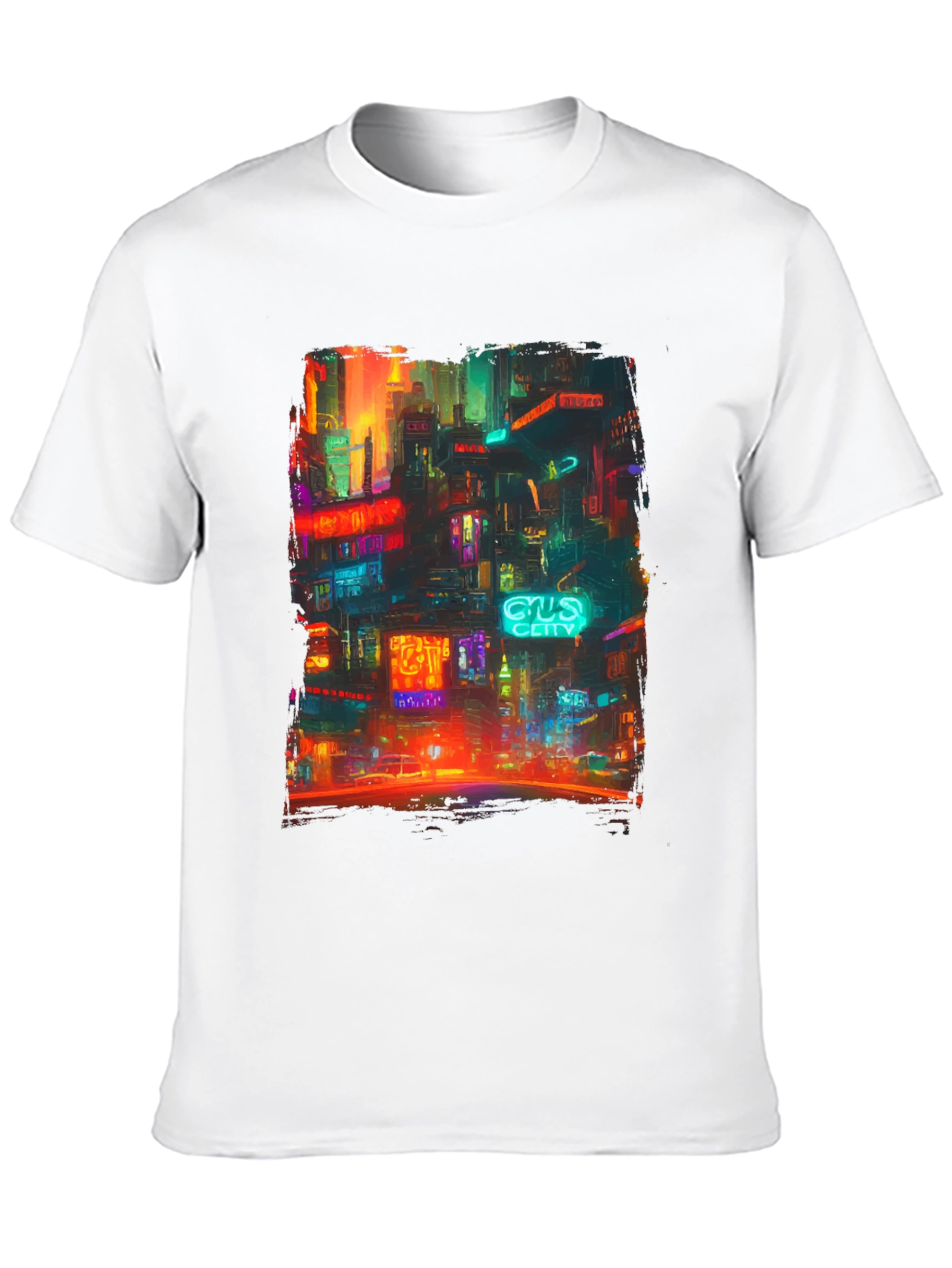 Camiseta Hombre Negra con Diseño Ciudad Neón