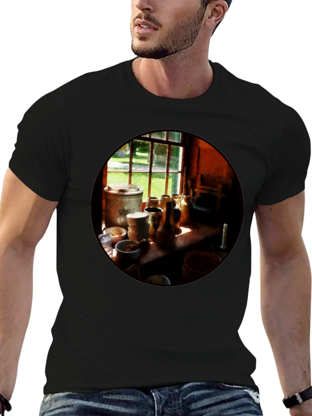 Camiseta Negra con Diseño Artístico de Bodegón