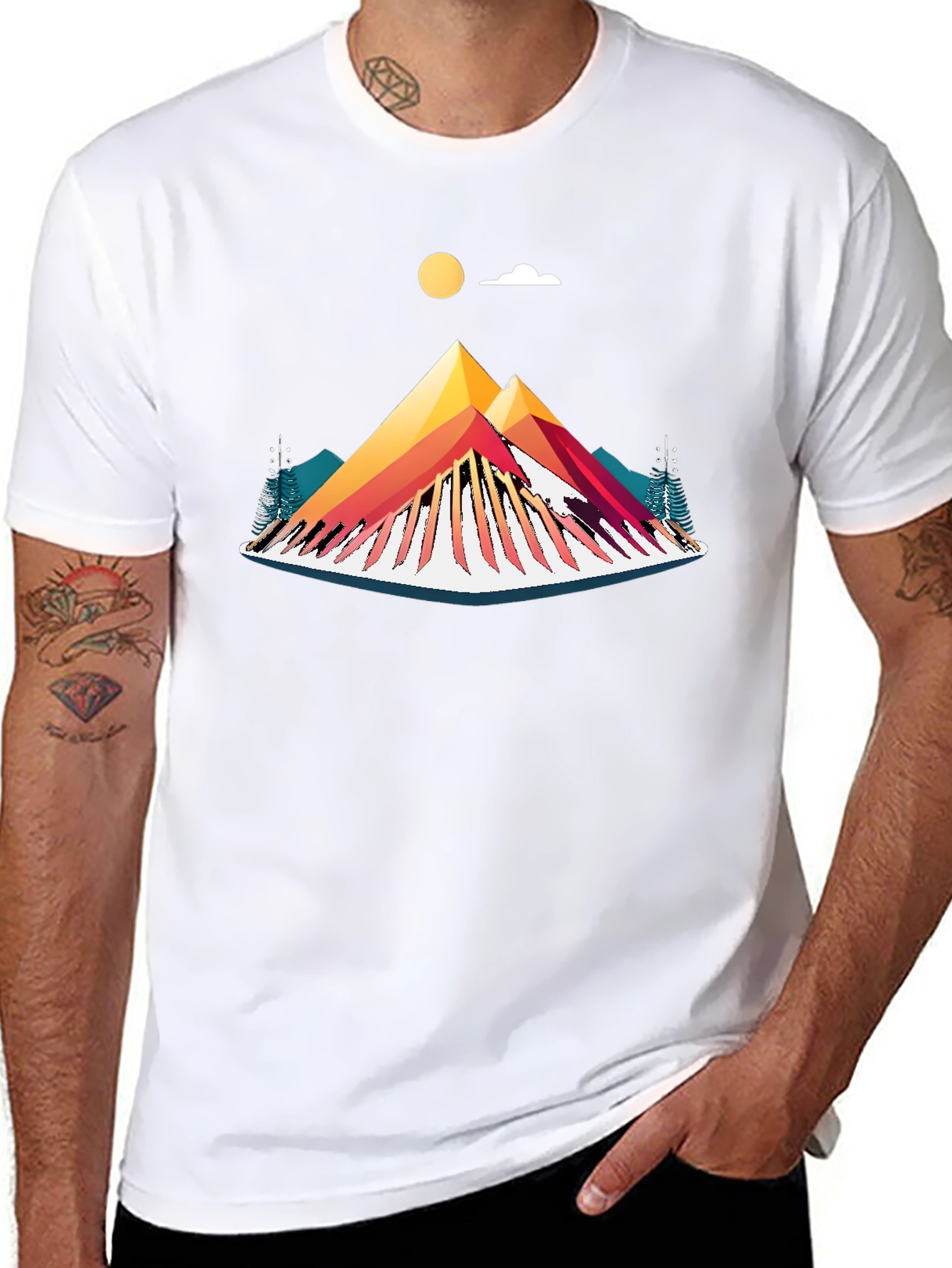 Camiseta Negra con Diseño de Montaña Abstracta