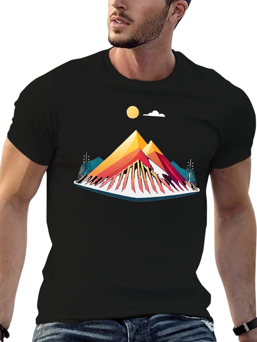 Camiseta Negra con Diseño de Montaña Abstracta