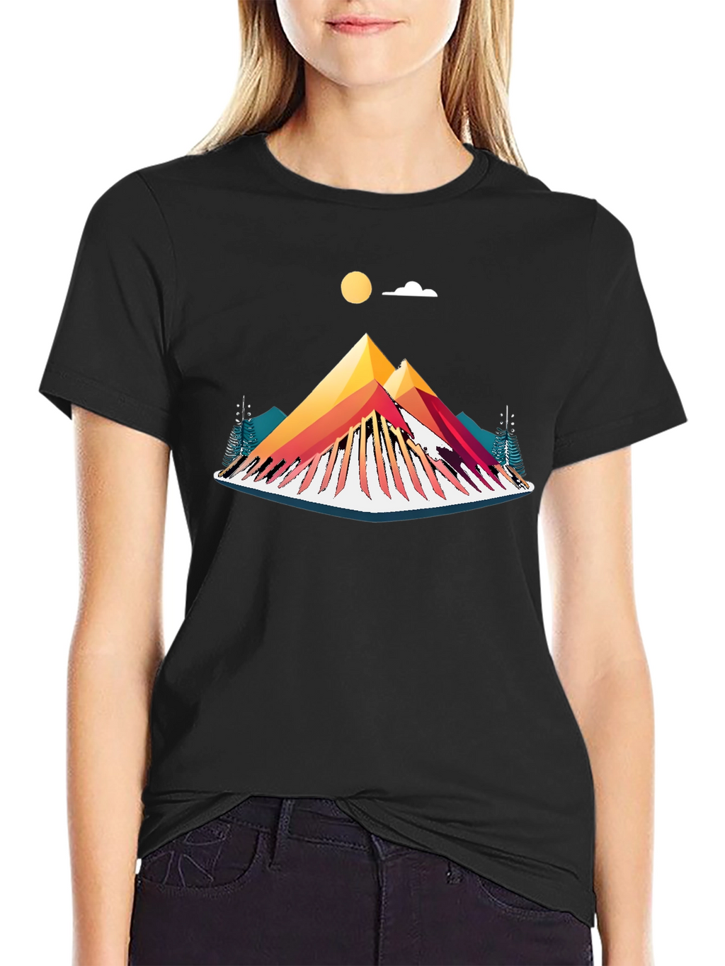 Camiseta Negra con Diseño de Montaña Abstracta