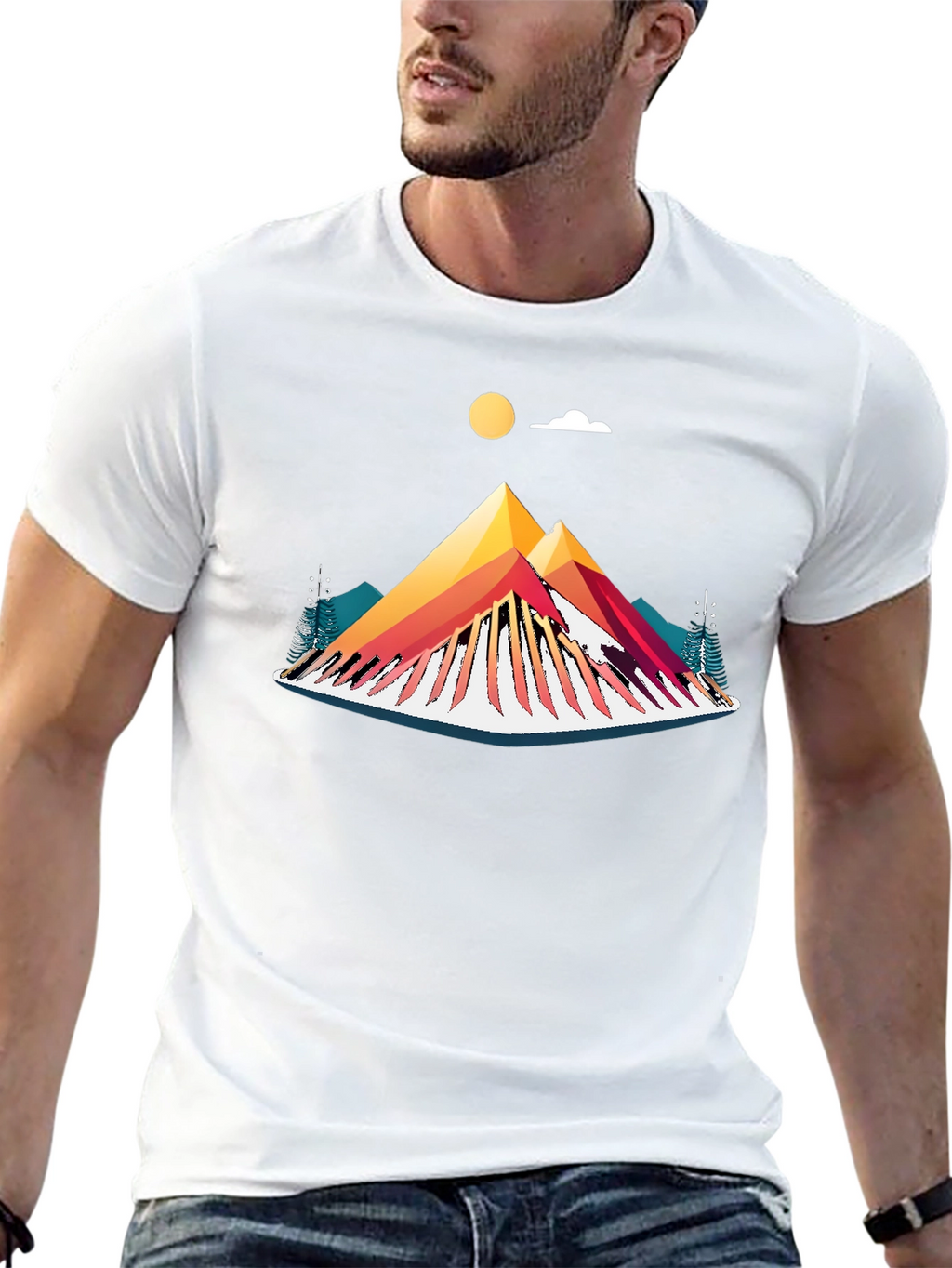 Camiseta Negra con Diseño de Montaña Abstracta