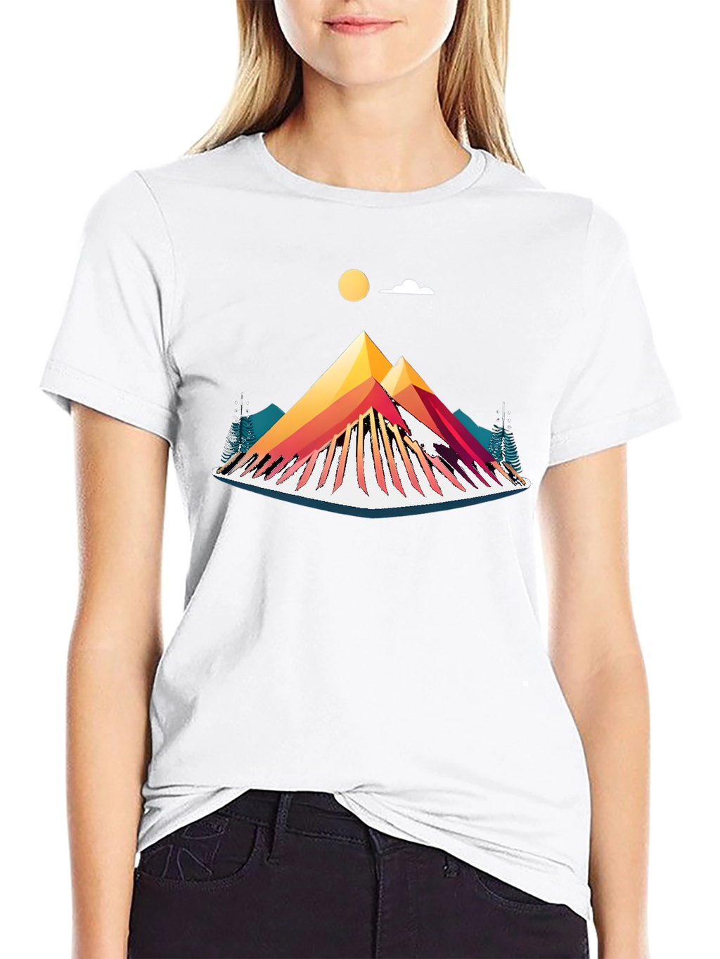 Camiseta Negra con Diseño de Montaña Abstracta