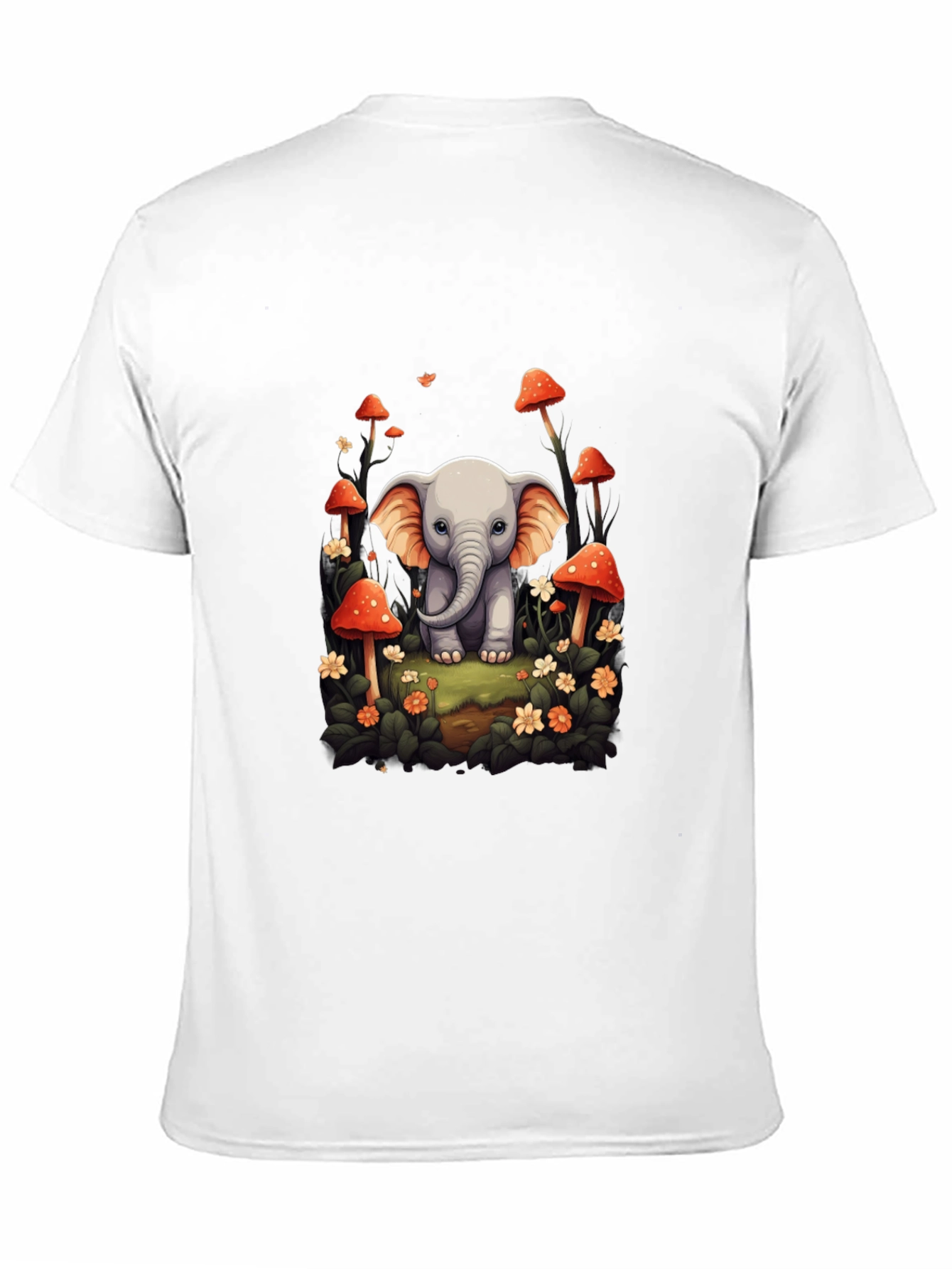 Camiseta Negra con Diseño de Elefante y Setas