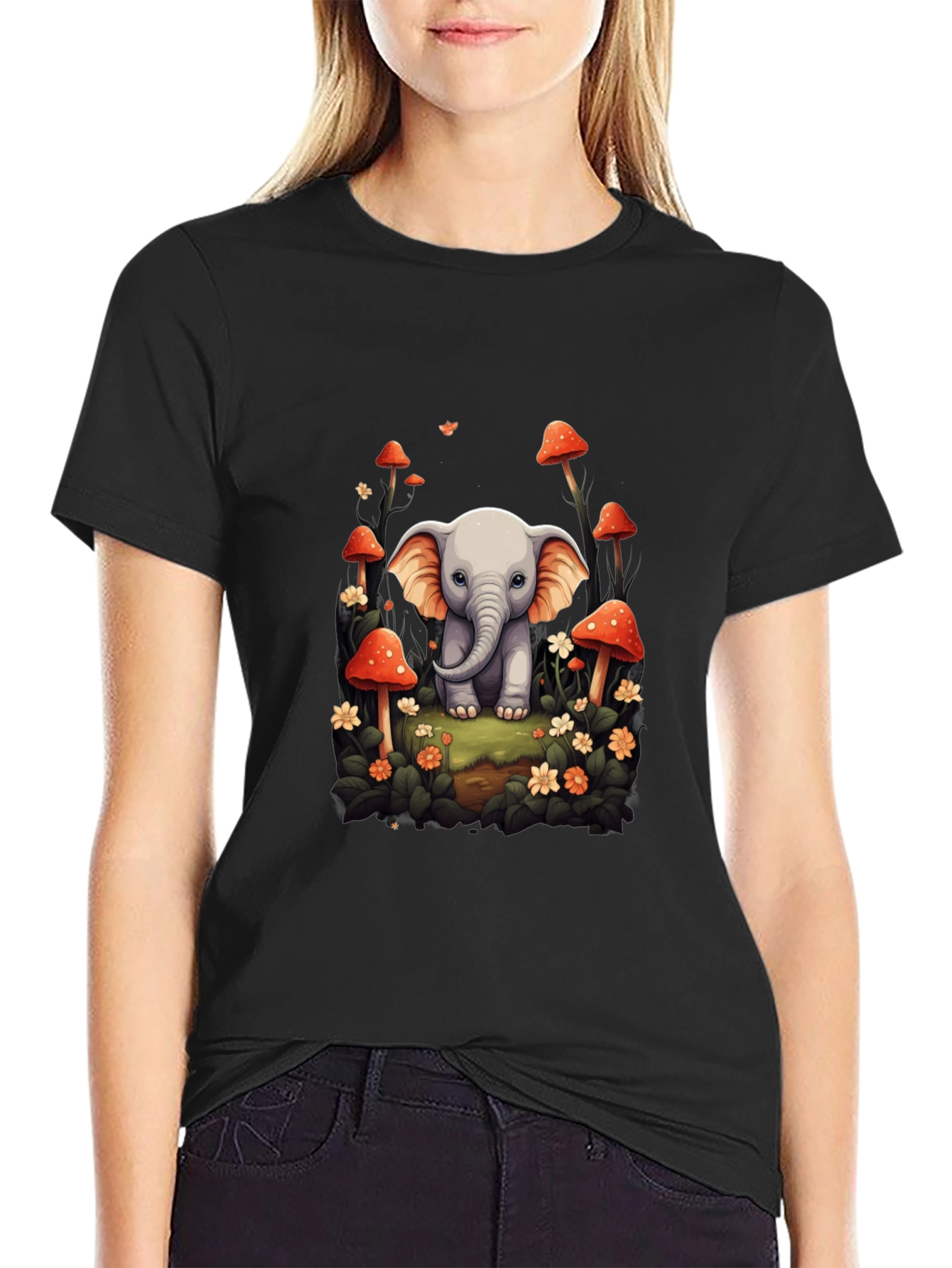 Camiseta Negra con Diseño de Elefante y Setas