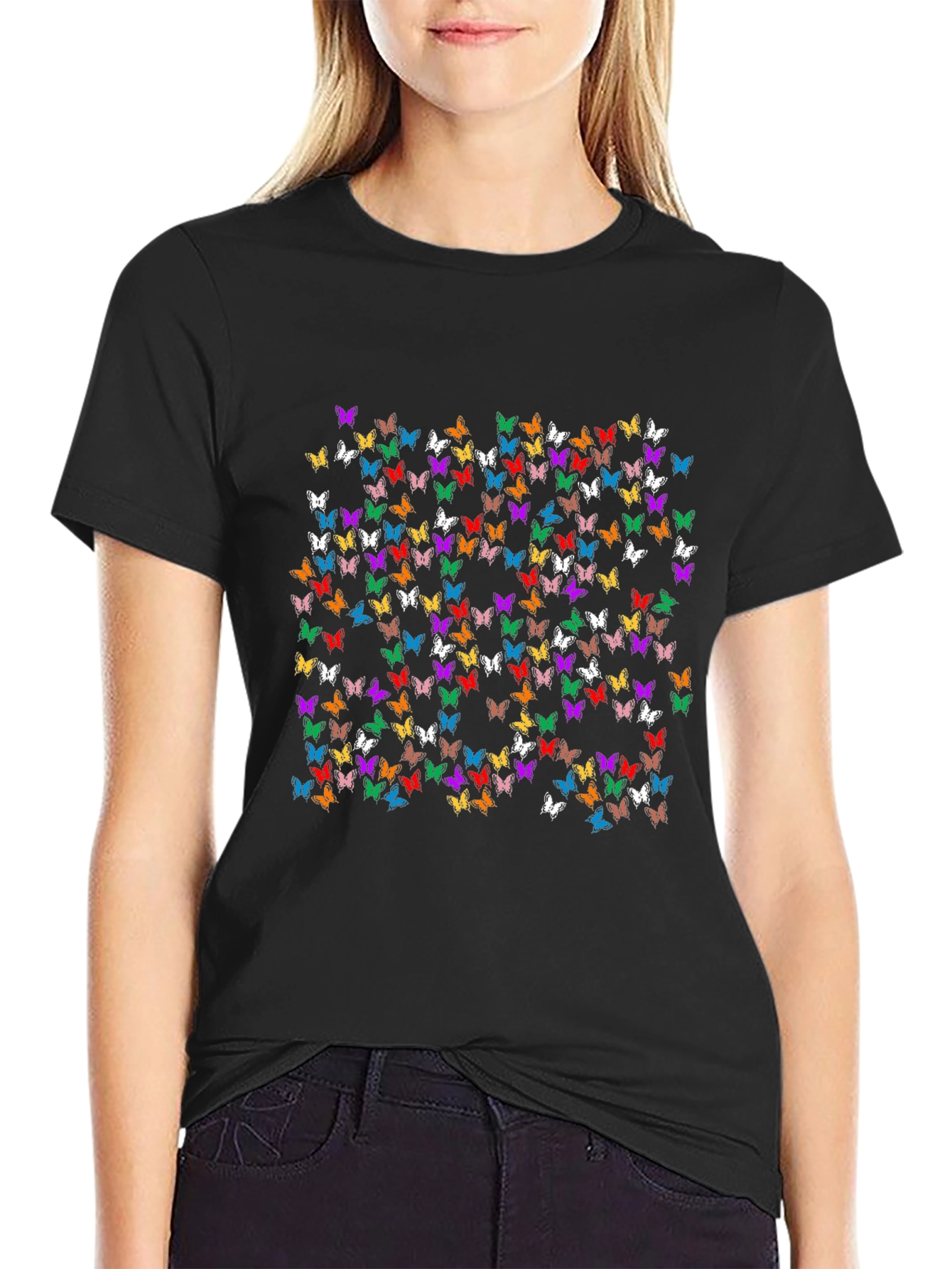 Camiseta Negra con Diseño de Mariposas Multicolor