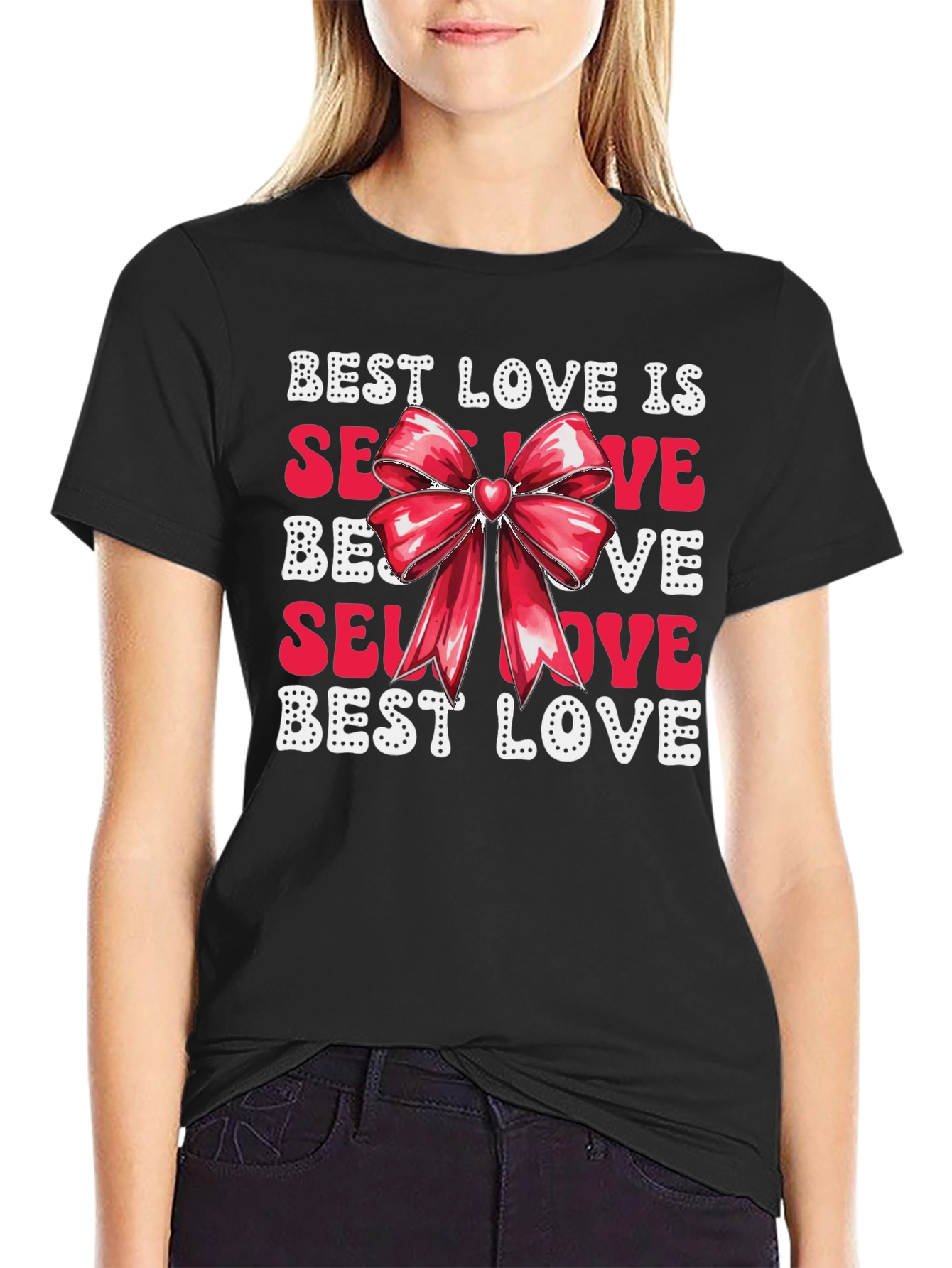 Camiseta Negra Best Love con Lazo Rojo Romántico