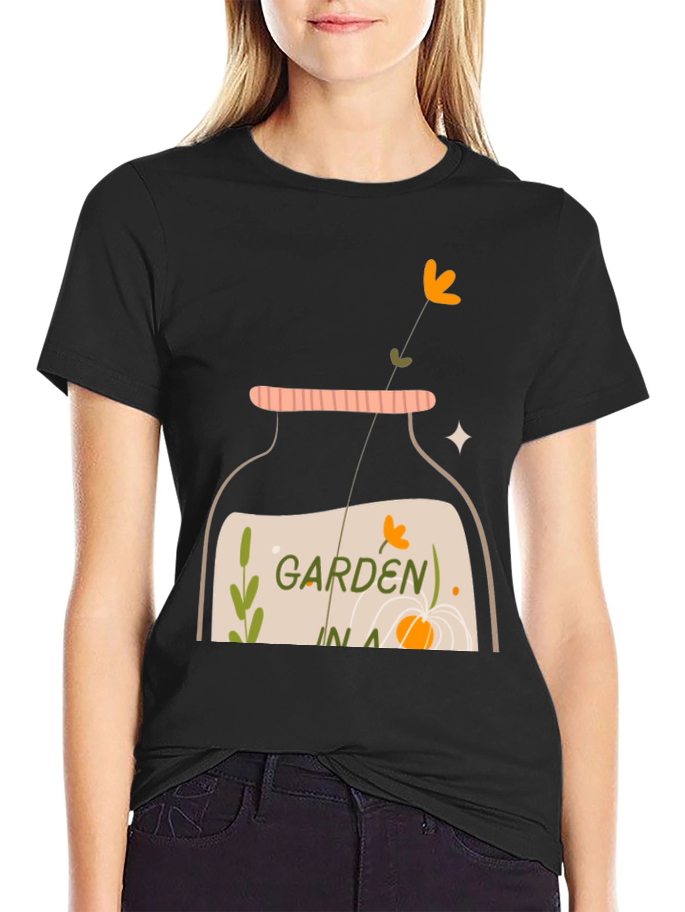Camiseta Negra con Diseño de Jardín en Tarro