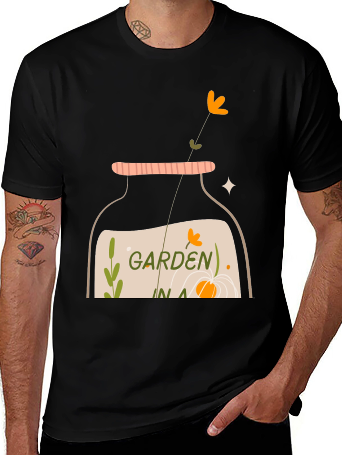 Camiseta Negra con Diseño de Jardín en Tarro