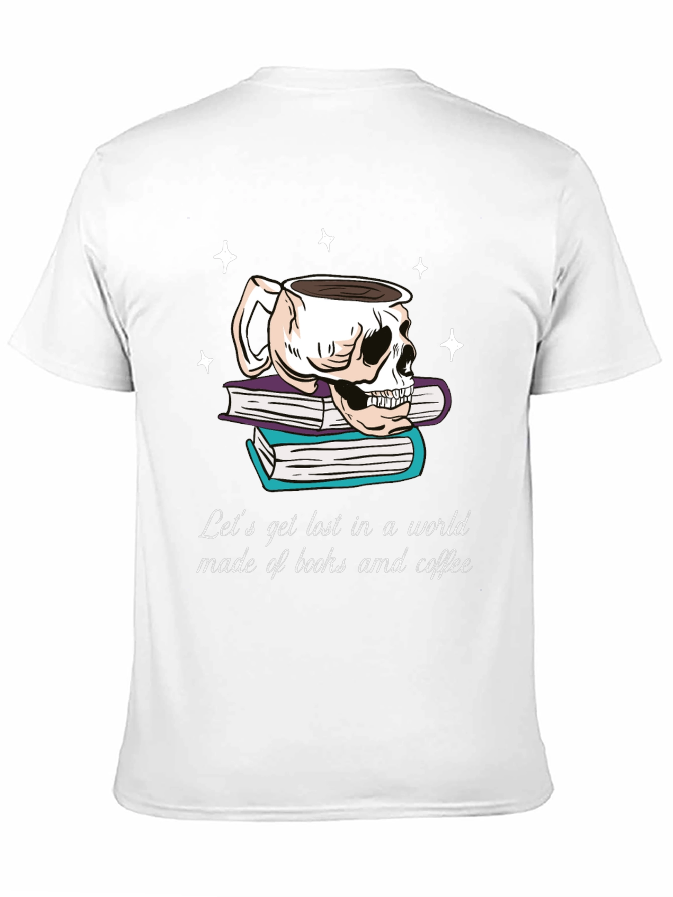 Camiseta Negra con Diseño de Calavera Libros y Café