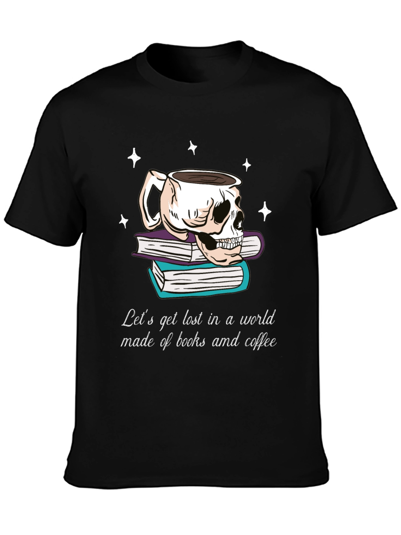 Camiseta Negra con Diseño de Calavera Libros y Café