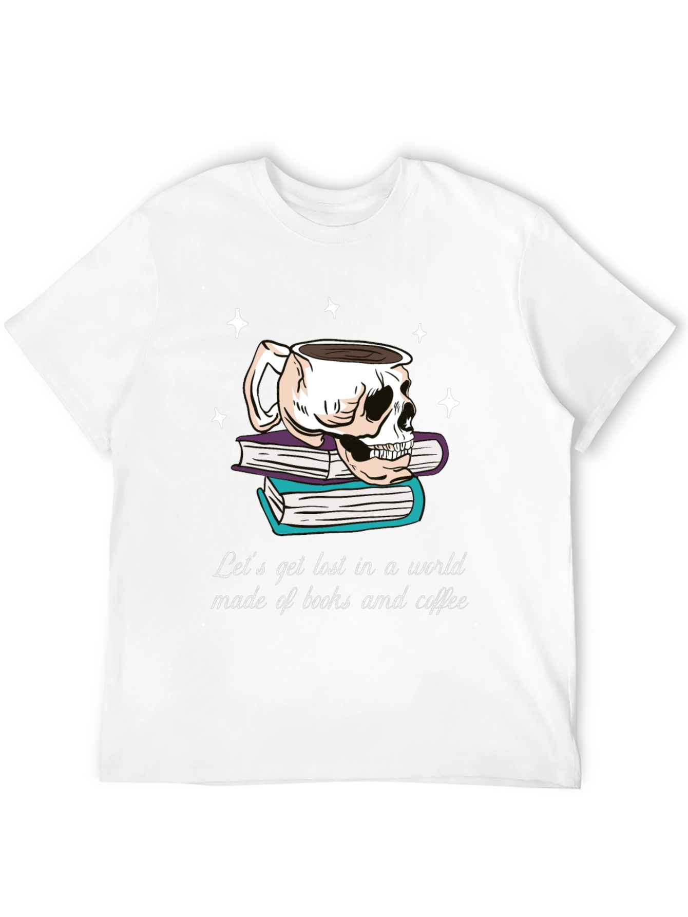 Camiseta Negra con Diseño de Calavera Libros y Café
